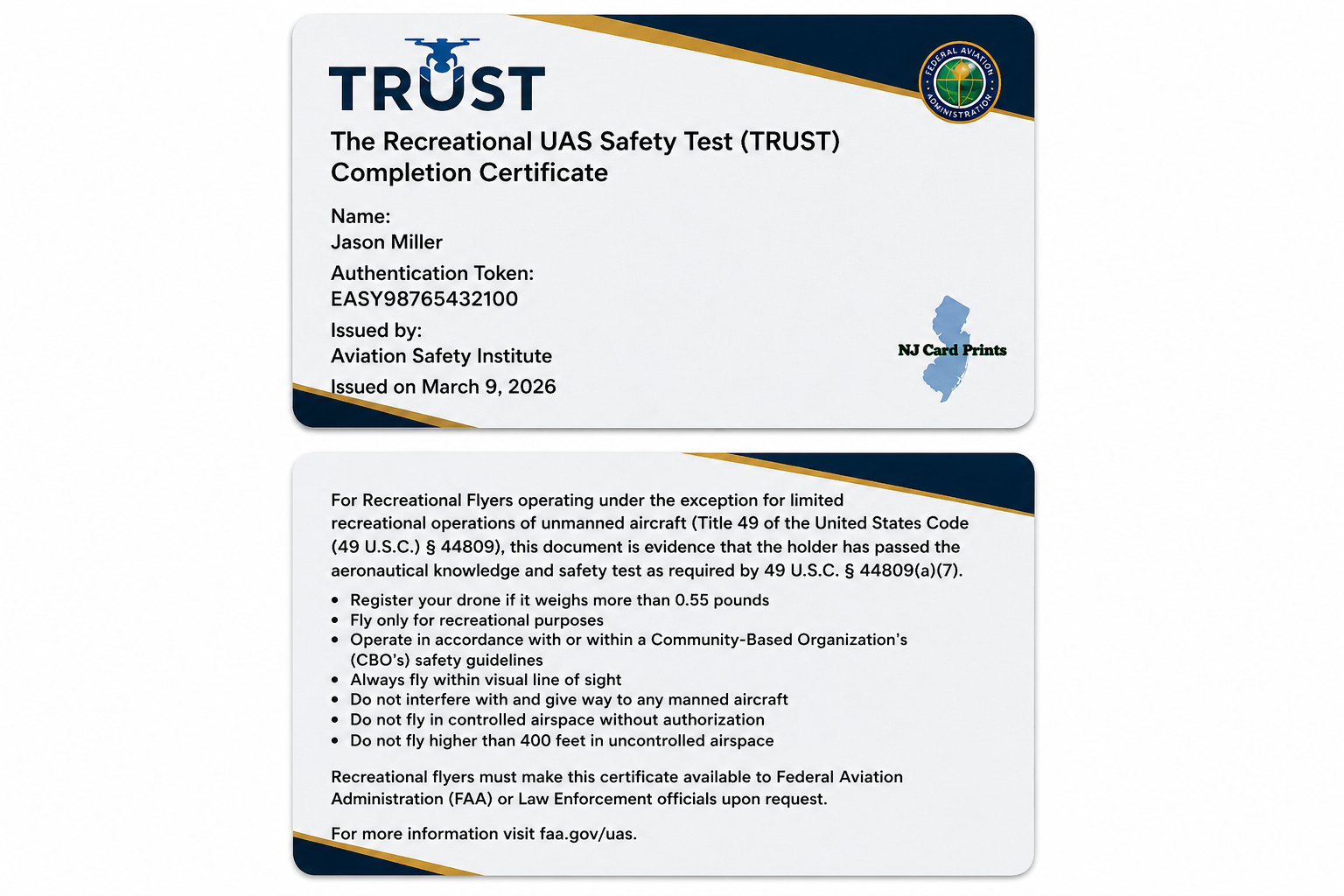 FAA TRUST Certificate Card | Durable Drone License Card