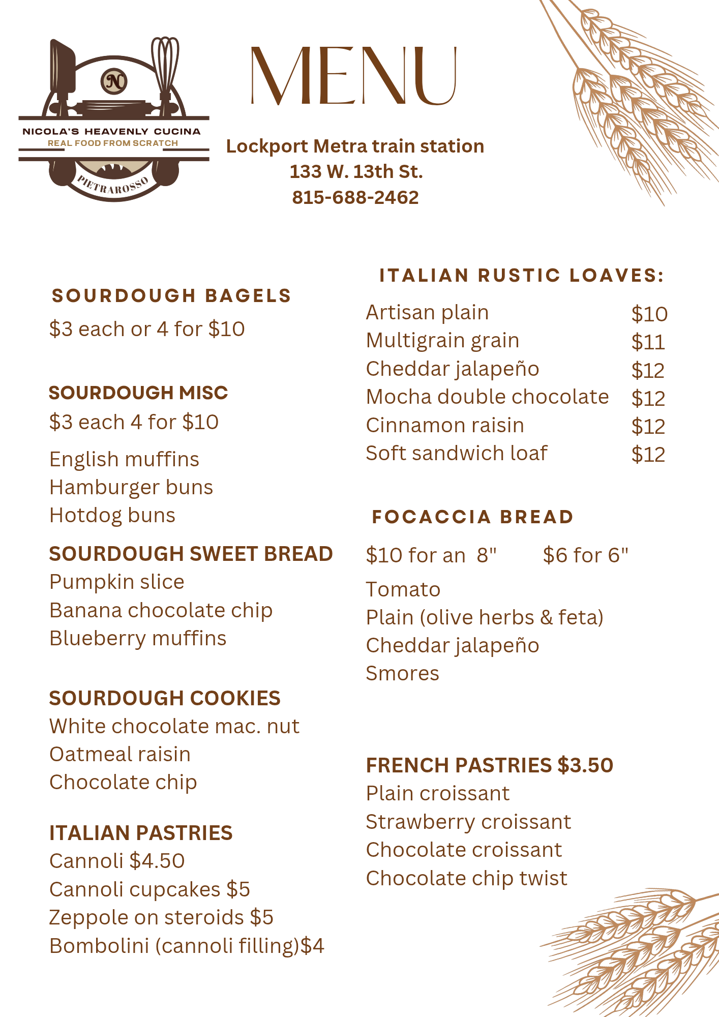 Menu from Nicola's Heavenly Cucina at Lockport Metra train station, listing various baked goods, sourdough bread, bagels, and English muffins  and pastry options, with prices.
