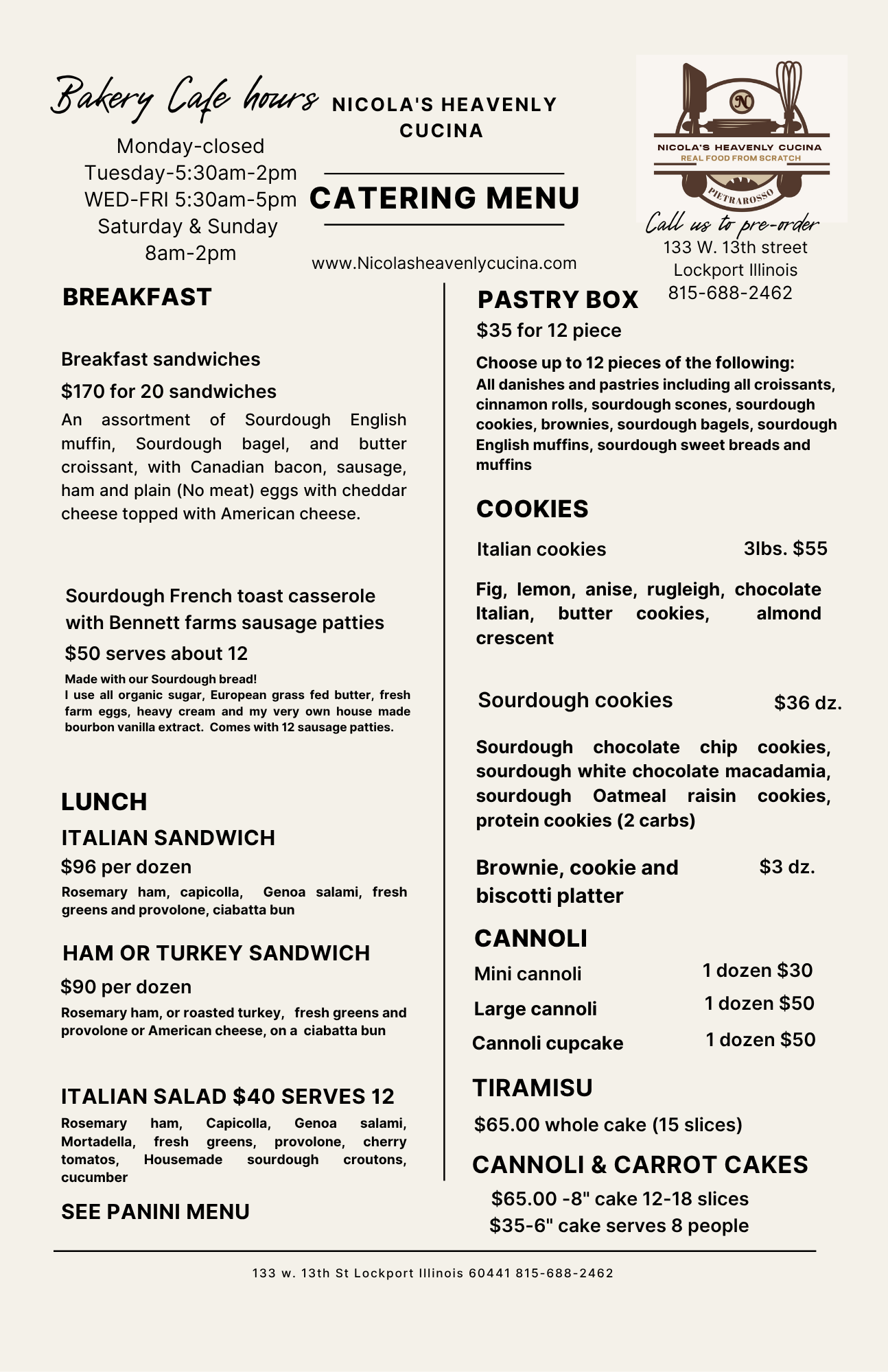 Catering menu from Nicola's Heavenly Cucina featuring bakery hours, breakfast, lunch, pastry box, cookies, cannoli, tiramisu, and cake options.