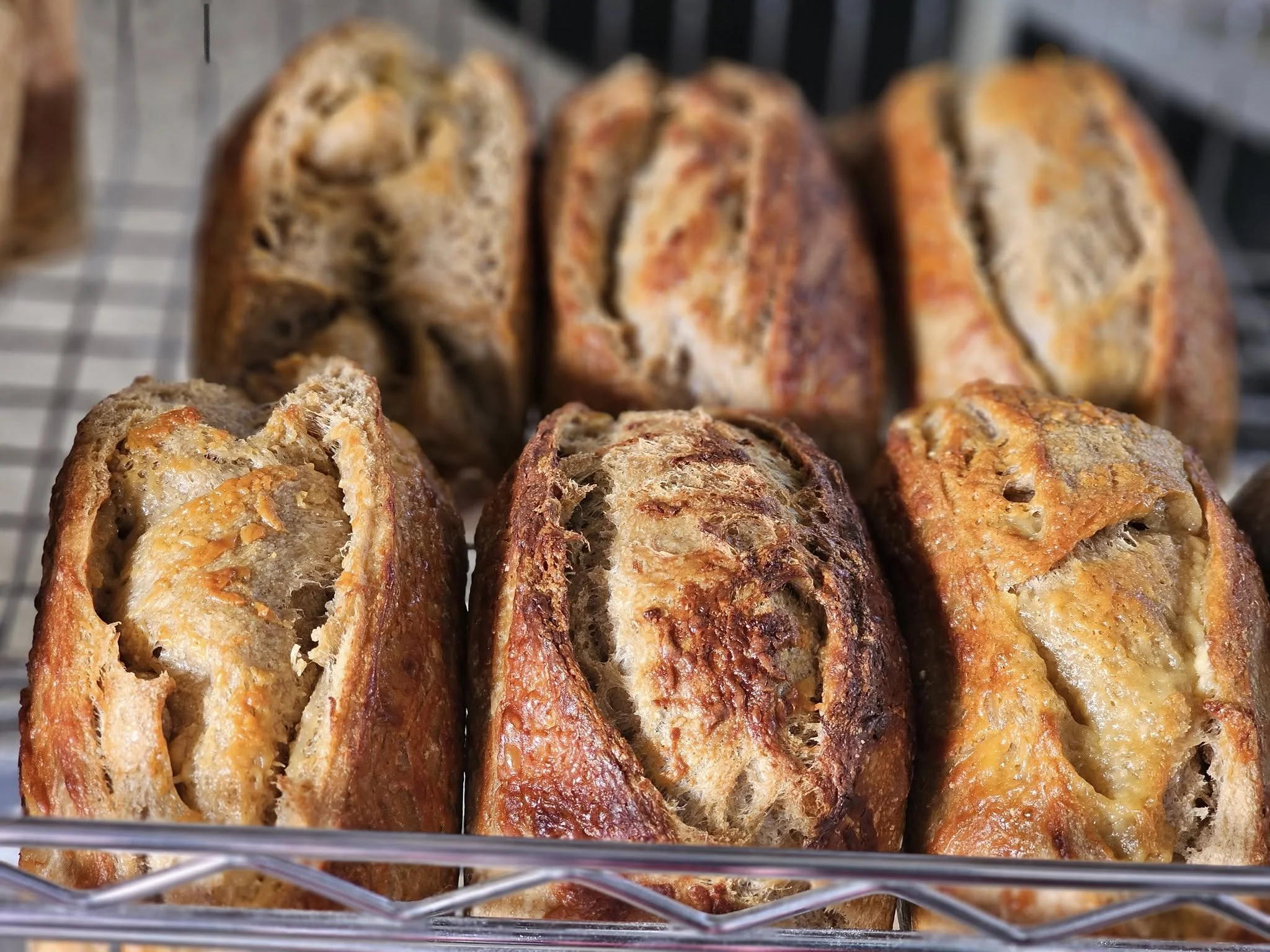 Close-up view of toasted baguettes or bread loaves on a wire rack.