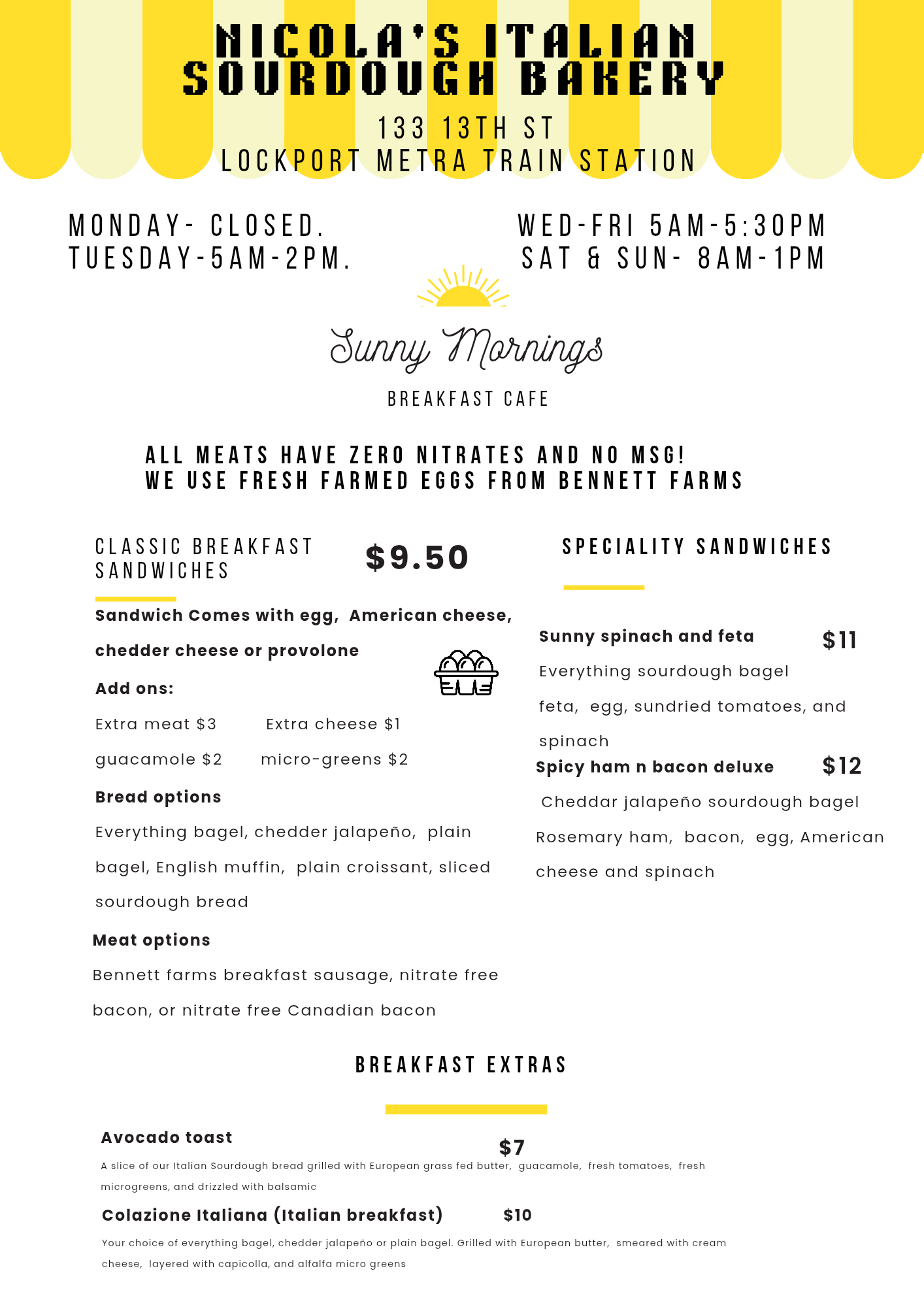 Menu for Nicola's Italian Sourdough Bakery at Lockport Metra Train Station, featuring breakfast cafe options including classic and specialty sandwiches, breakfast extras, and opening hours.