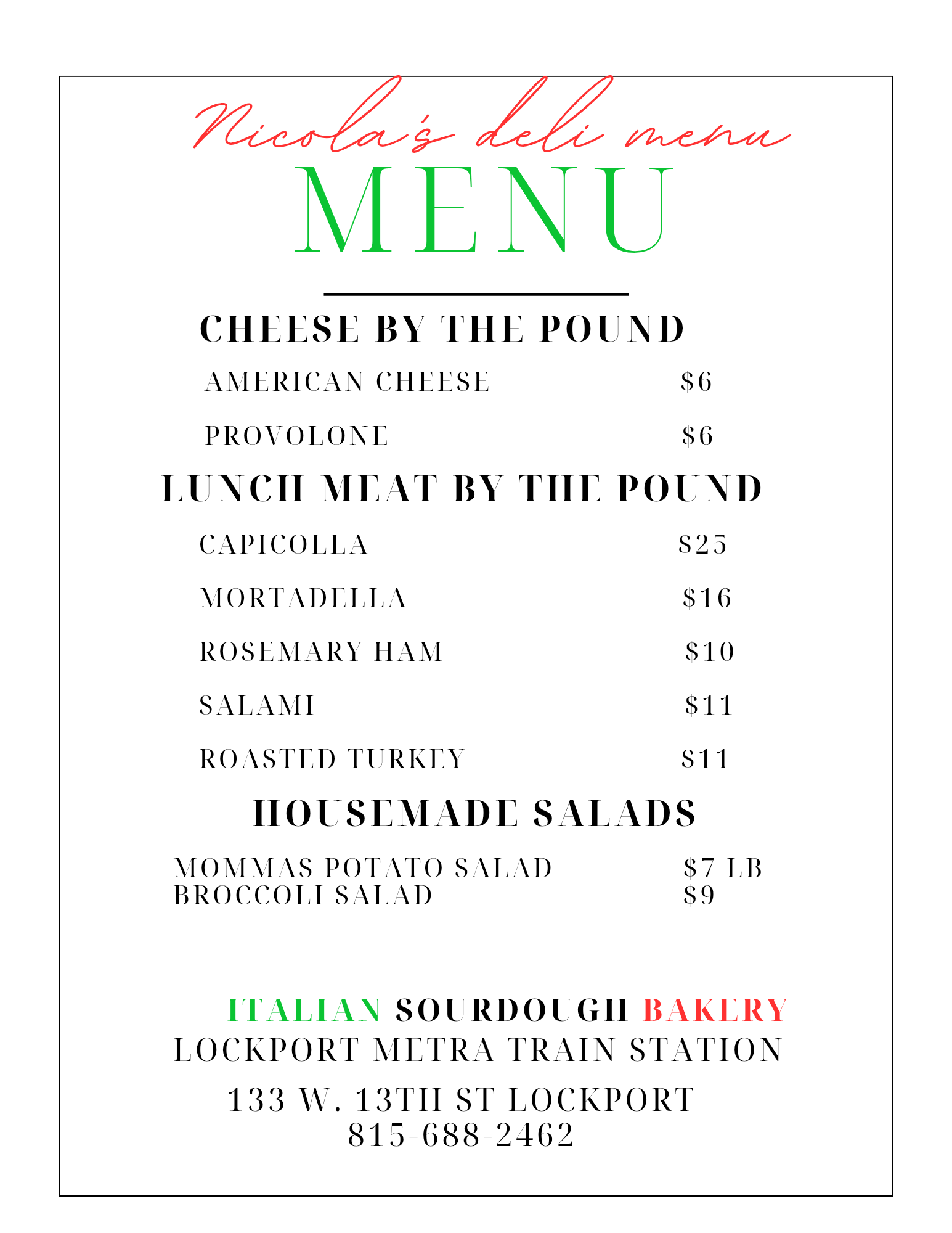 Italian bakery menu featuring cheese, lunch meats, homemade salads, and contact information at Lockport Metra train station.