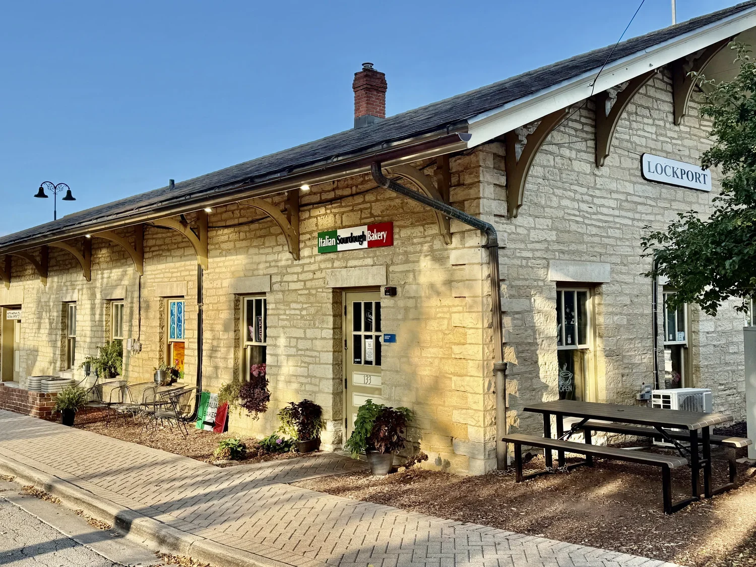 The bakery storefront inside the historic Lockport Metra train station