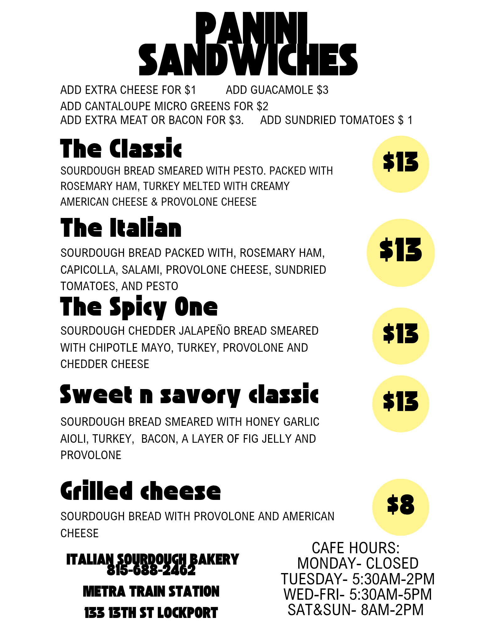 Menu for Panini Sandwiches with various options and prices, featuring classic, Italian, spicy one, sweet and savory, and grilled cheese sandwiches.