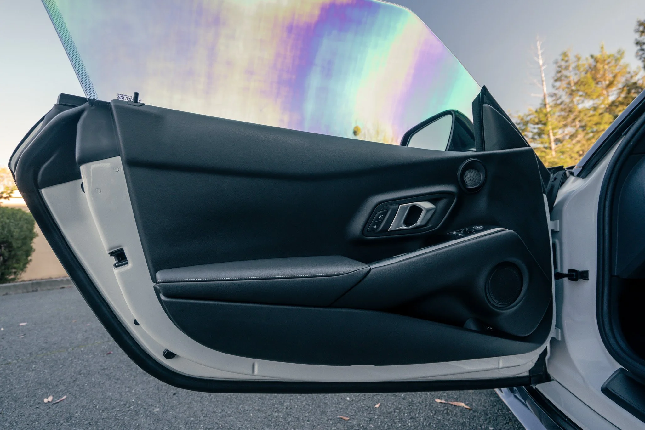 The image shows the interior of a car door with a black and gray design. The door is open, revealing the window, handle, and speaker. The background includes trees and a clear sky.