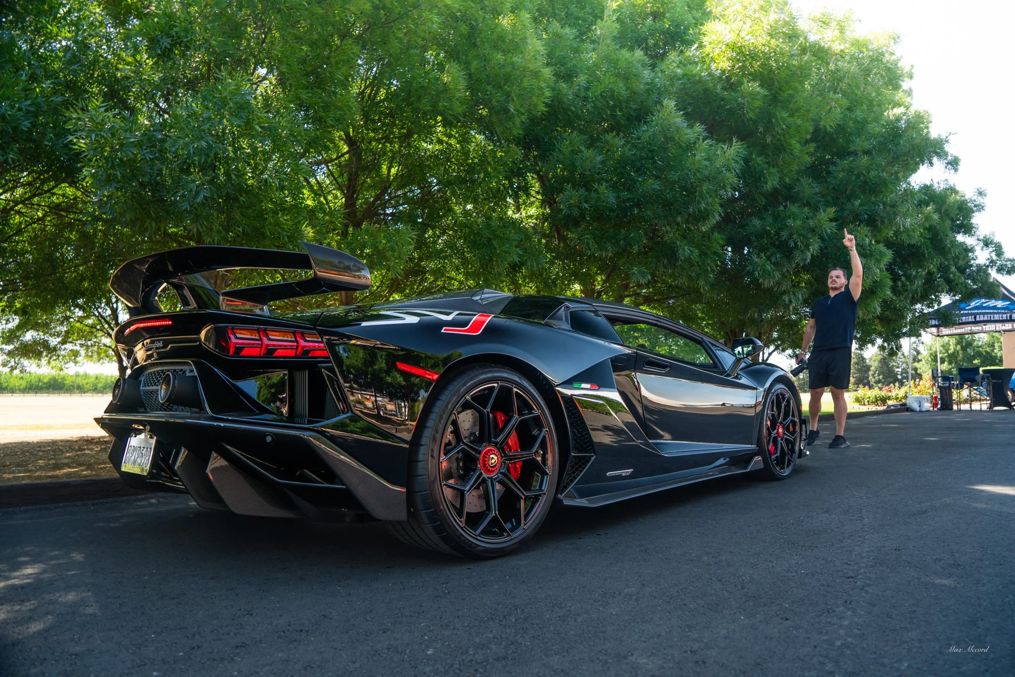 A black sports car with red accents parked on a paved surface under a large leafy tree, with a man standing nearby pointing upward.