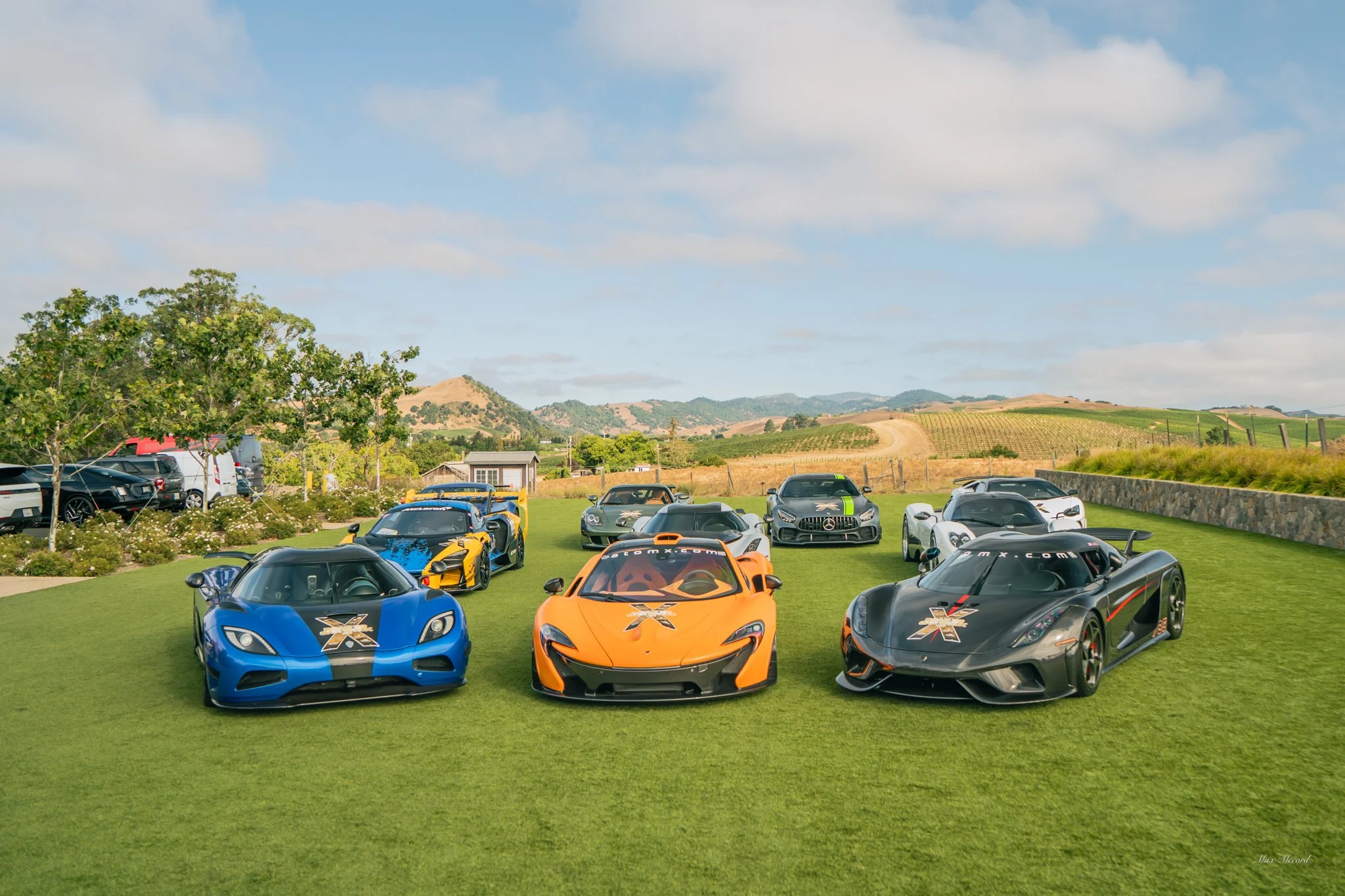 A lineup of nine luxury sports cars in various colors parked on a well-manicured lawn with a scenic countryside background, including rolling hills and a stone wall, under a partly cloudy sky.