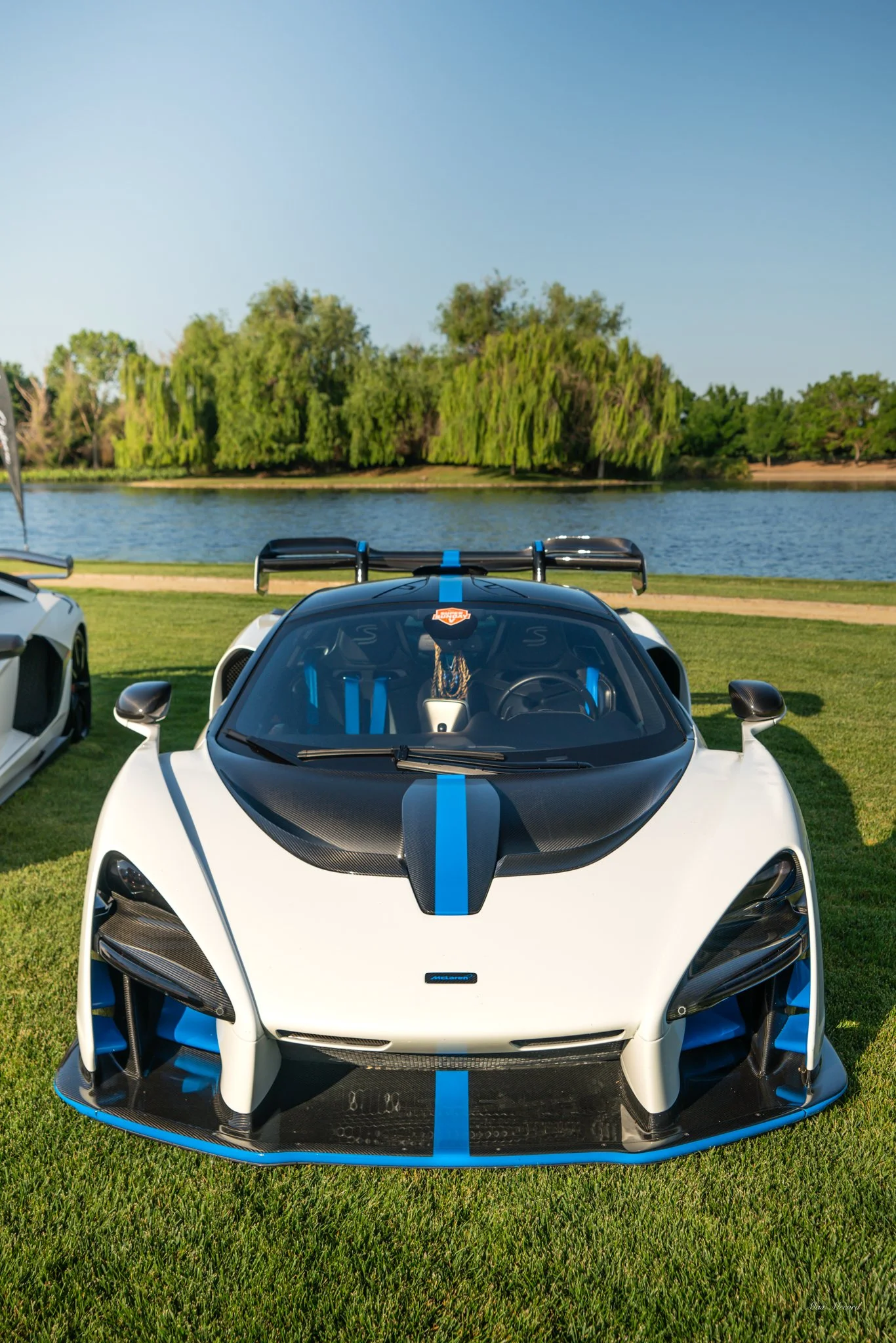 A white McLaren sports car with black and blue racing stripes parked on a grassy area near a body of water, with trees and a clear sky in the background.