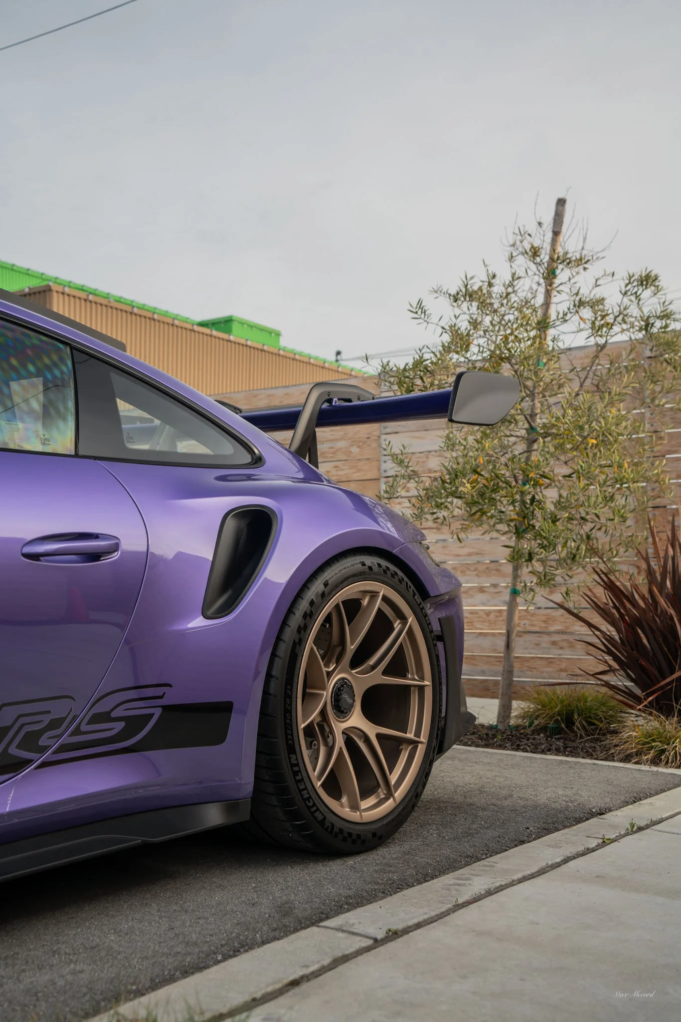 A purple race car with gold wheels parked on a driveway next to a plant and wooden fence.