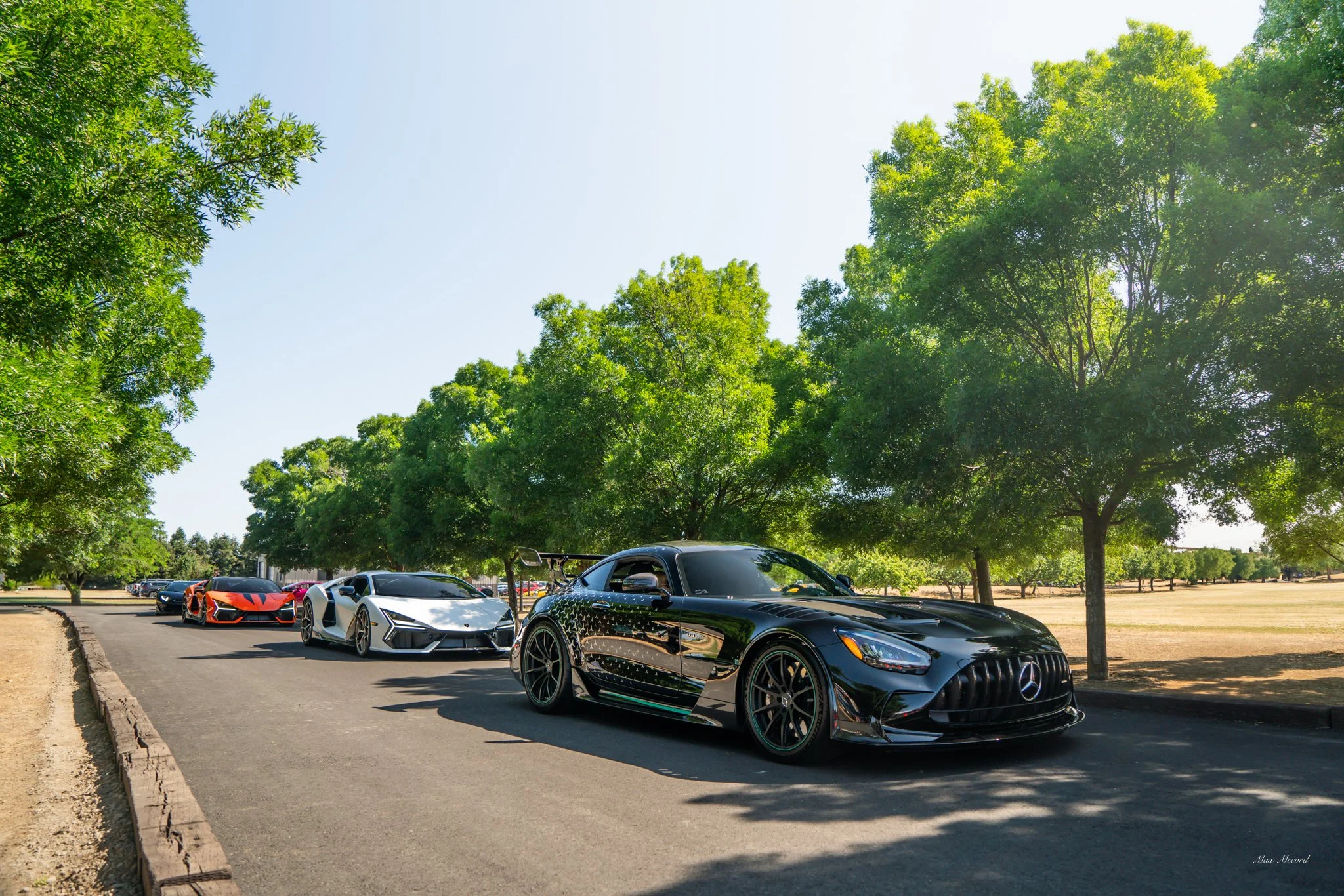 A lineup of luxury sports cars parked on a tree-lined street, including a black Mercedes-Benz AMG GT at the front, followed by a white Lamborghini Huracan, a red Lamborghini Huracan, and a blue Lamborghini Huracan, with green trees and clear blue sky