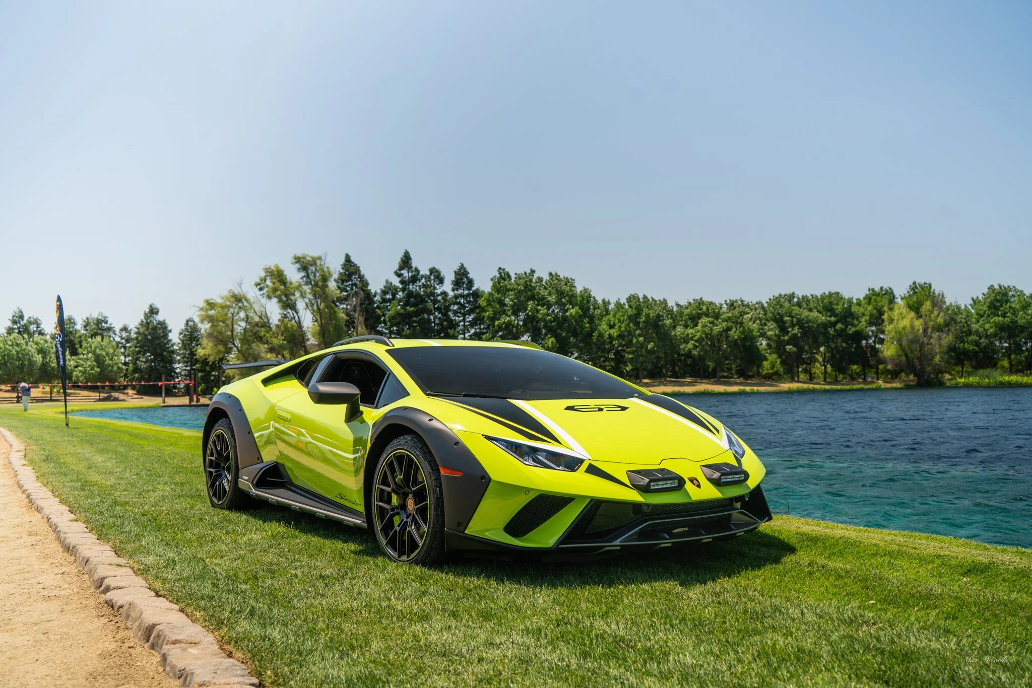 A bright yellow Lamborghini sports car parked on grass near a body of water with trees in the background.