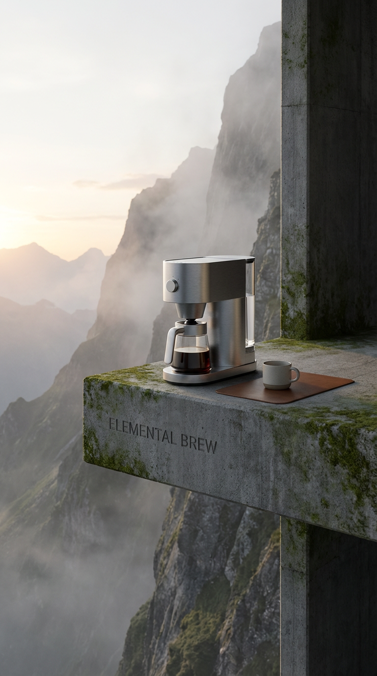 A coffee maker on a moss-covered concrete ledge with a cup and a placemat, overlooking misty mountains during sunrise, with the words 'ELEMENTAL BREW' engraved on the front of the ledge.