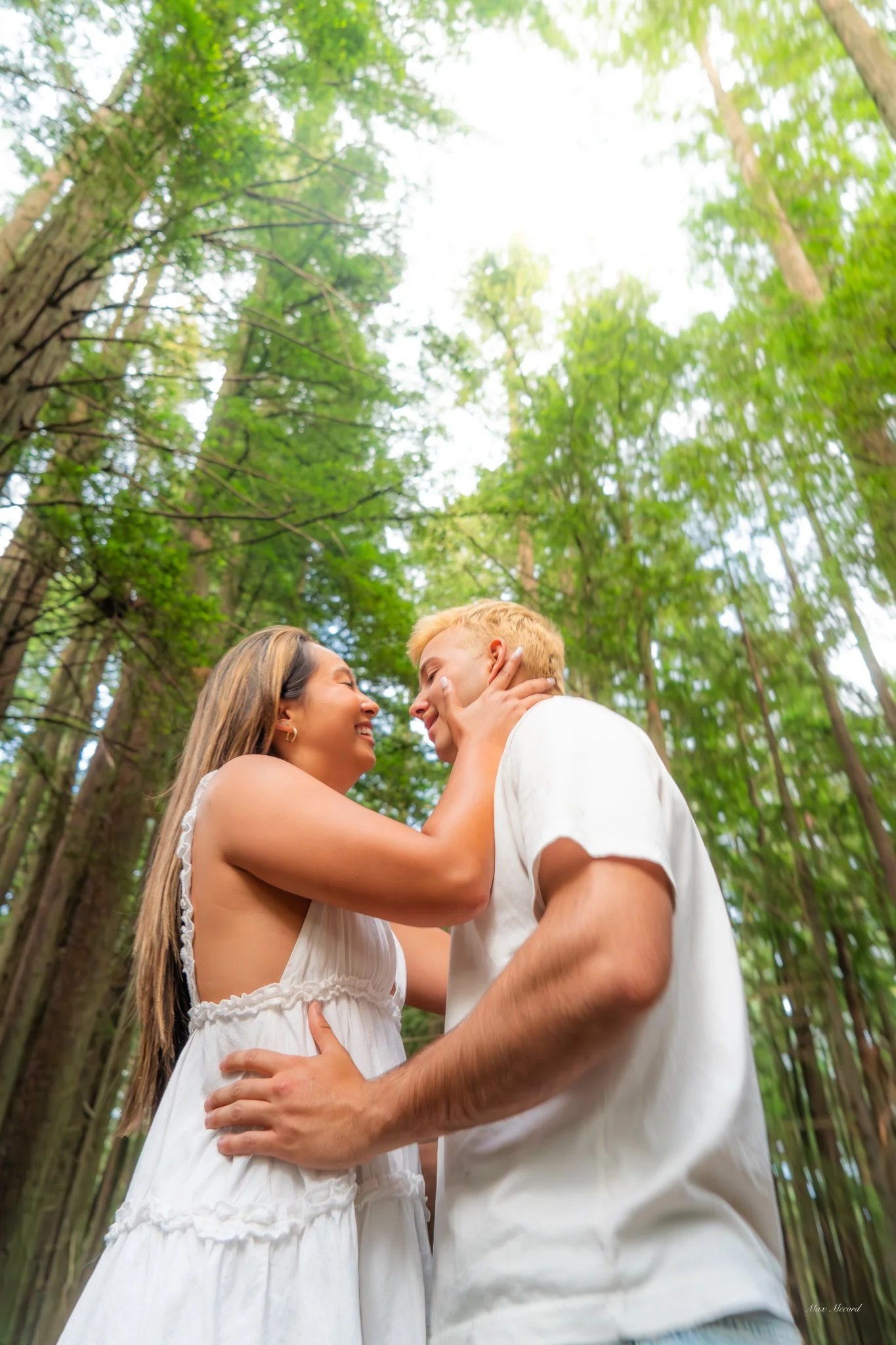 A couple embracing and smiling in a forest with tall trees and green leaves, facing each other closely.