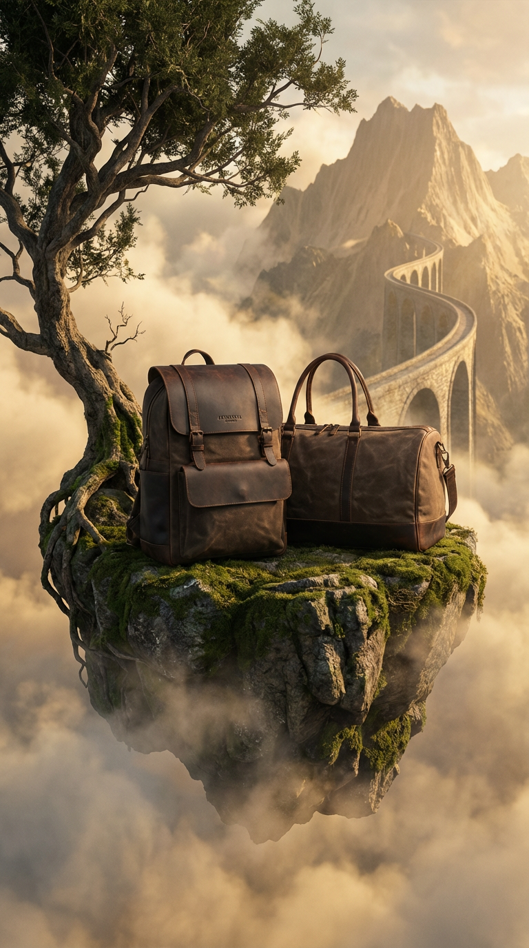 Two brown leather bags, a backpack and a duffel bag, are placed on a moss-covered rocky floating island with a lone tree. The island is surrounded by clouds and mist, with a mountain and a long arched bridge in the background under a cloudy sky.