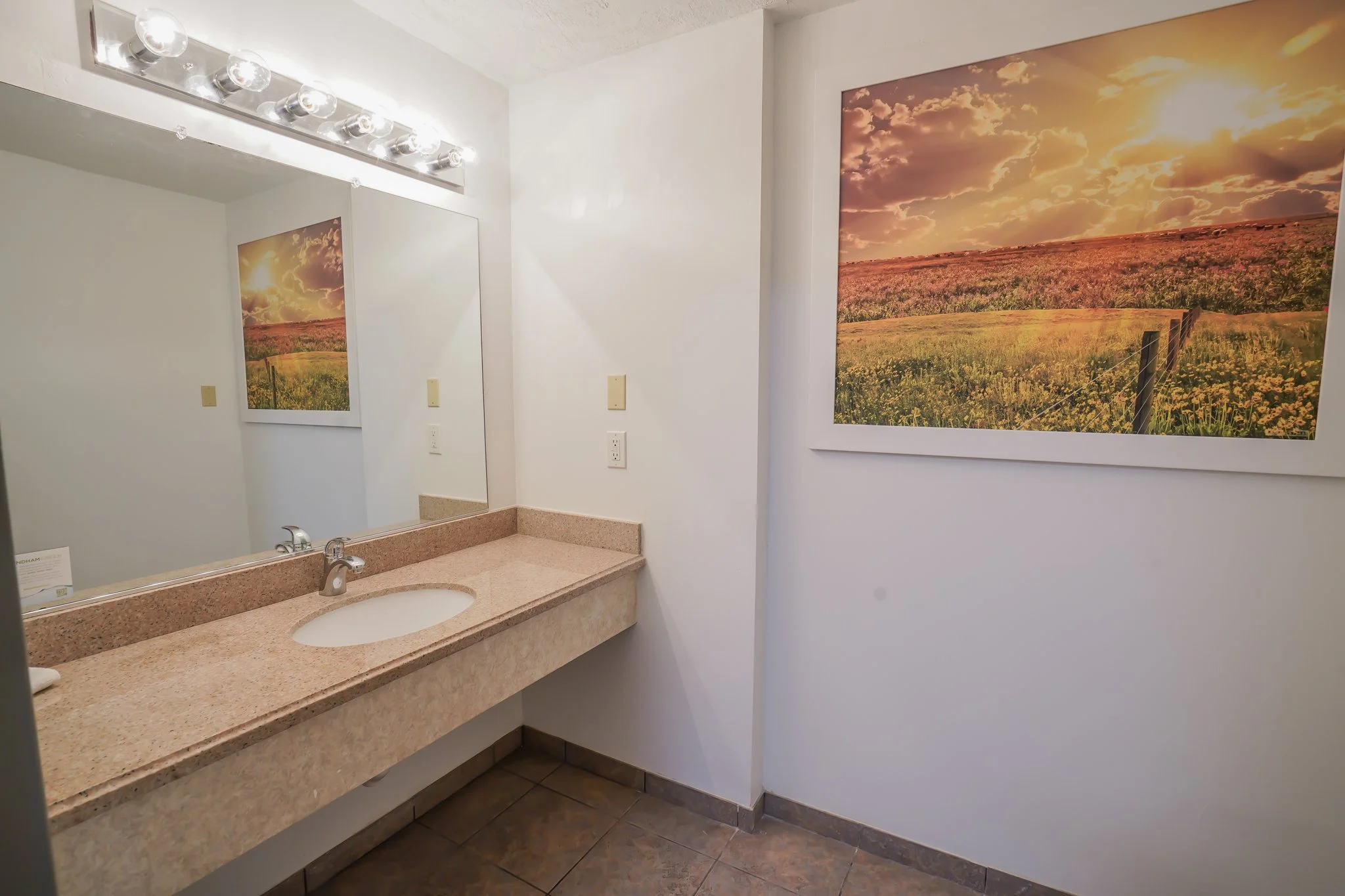 A bathroom countertop with a sink and faucet, a mirror with a light fixture above, and a large landscape photo of a sunset over a field on the wall.