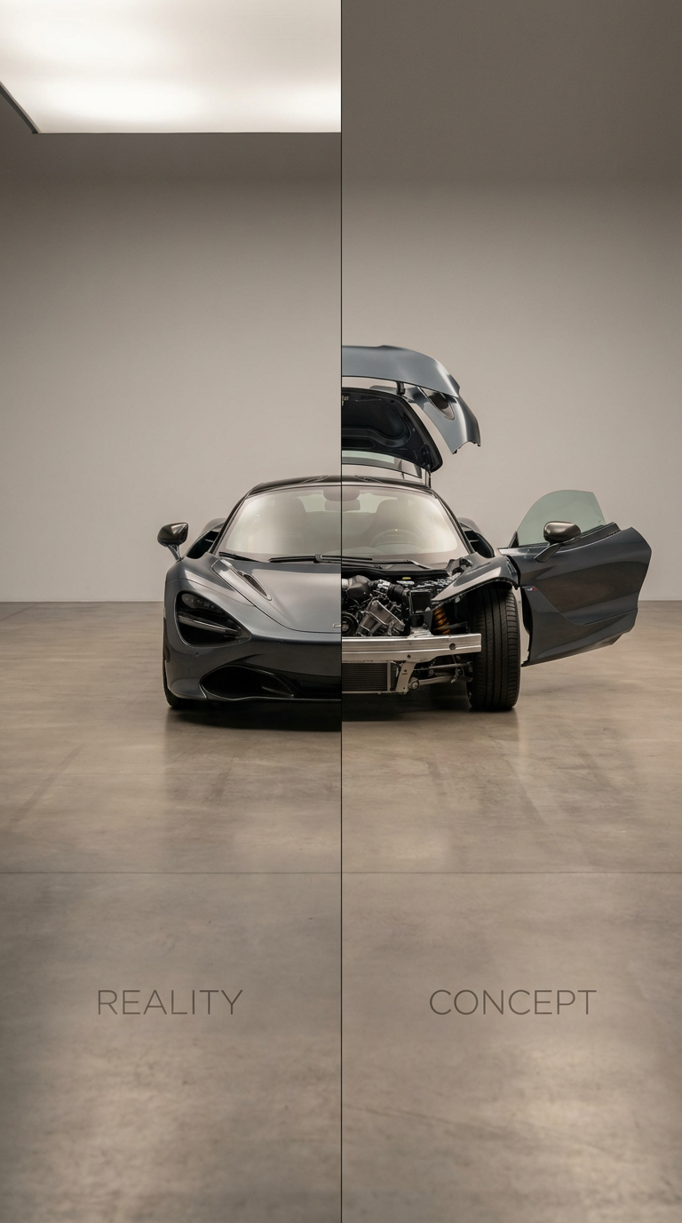 A sleek black sports car split into reality and concept halves, with the left side showing the finished car and the right side displaying the conceptual, unfinished design.