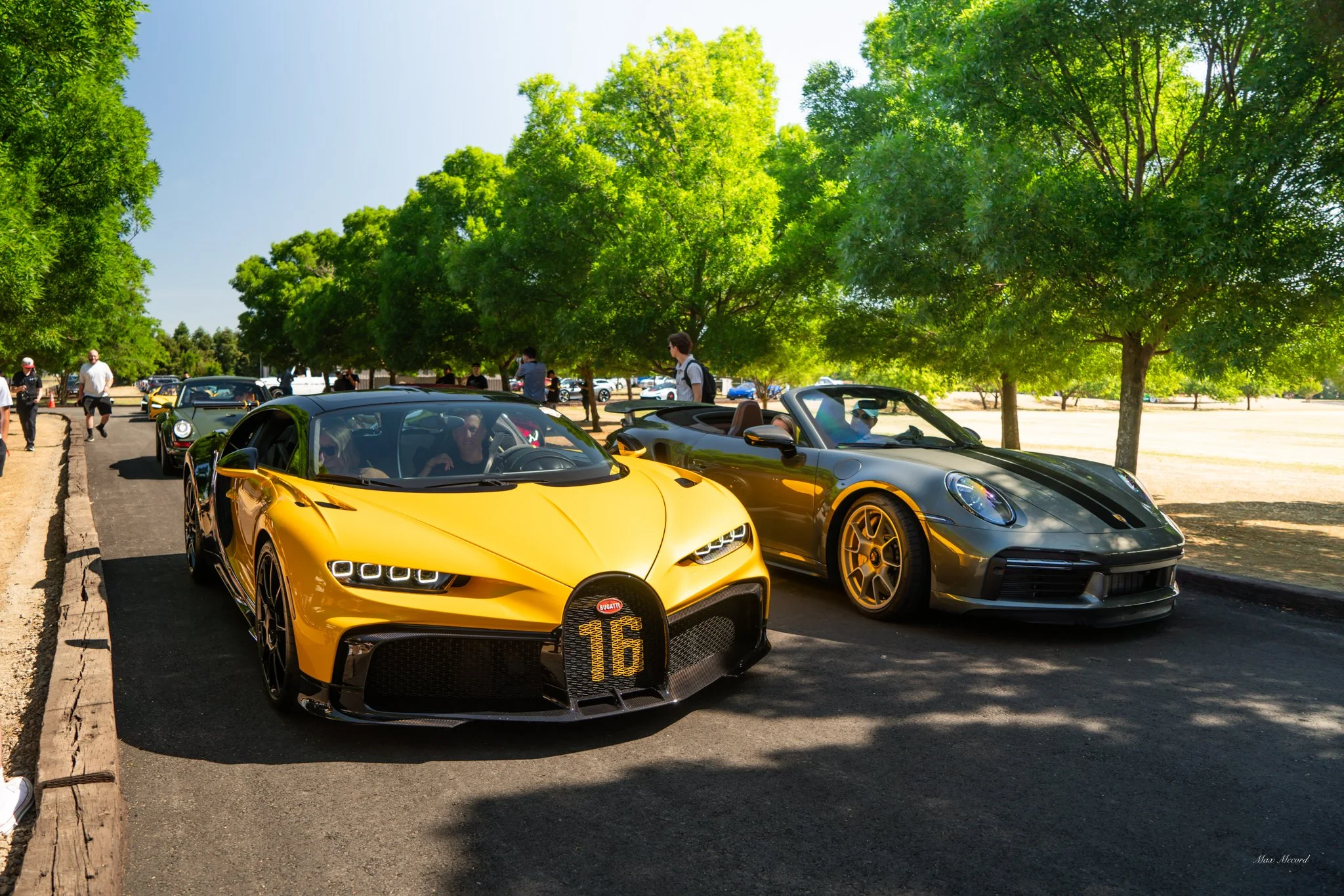 A row of luxury sports cars parked under green trees, including a yellow Bugatti and a gray Porsche convertible, with people walking nearby on a sunny day.