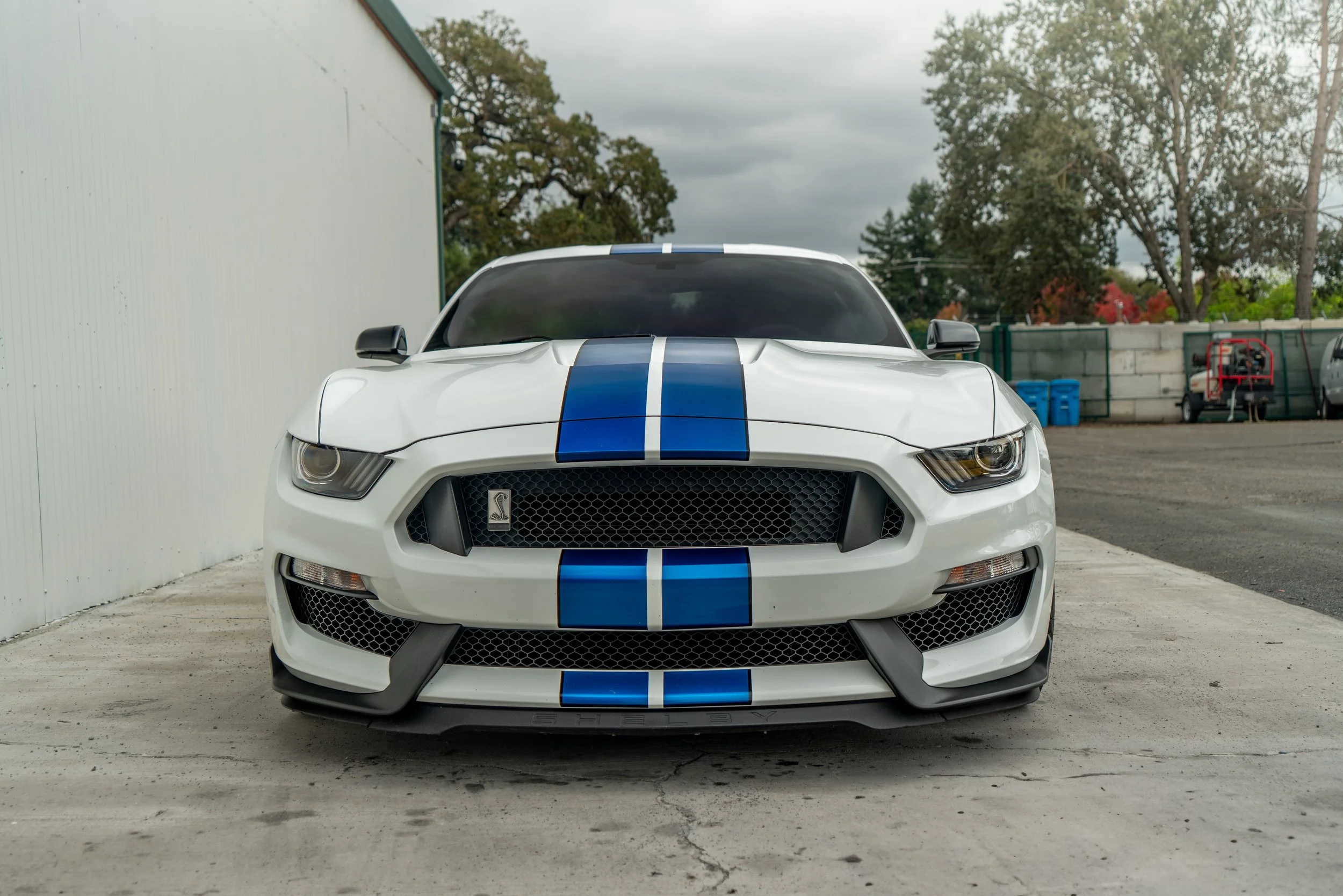 Front view of a white sports car with blue racing stripes parked outdoors near a building with trees and a cloudy sky in the background.