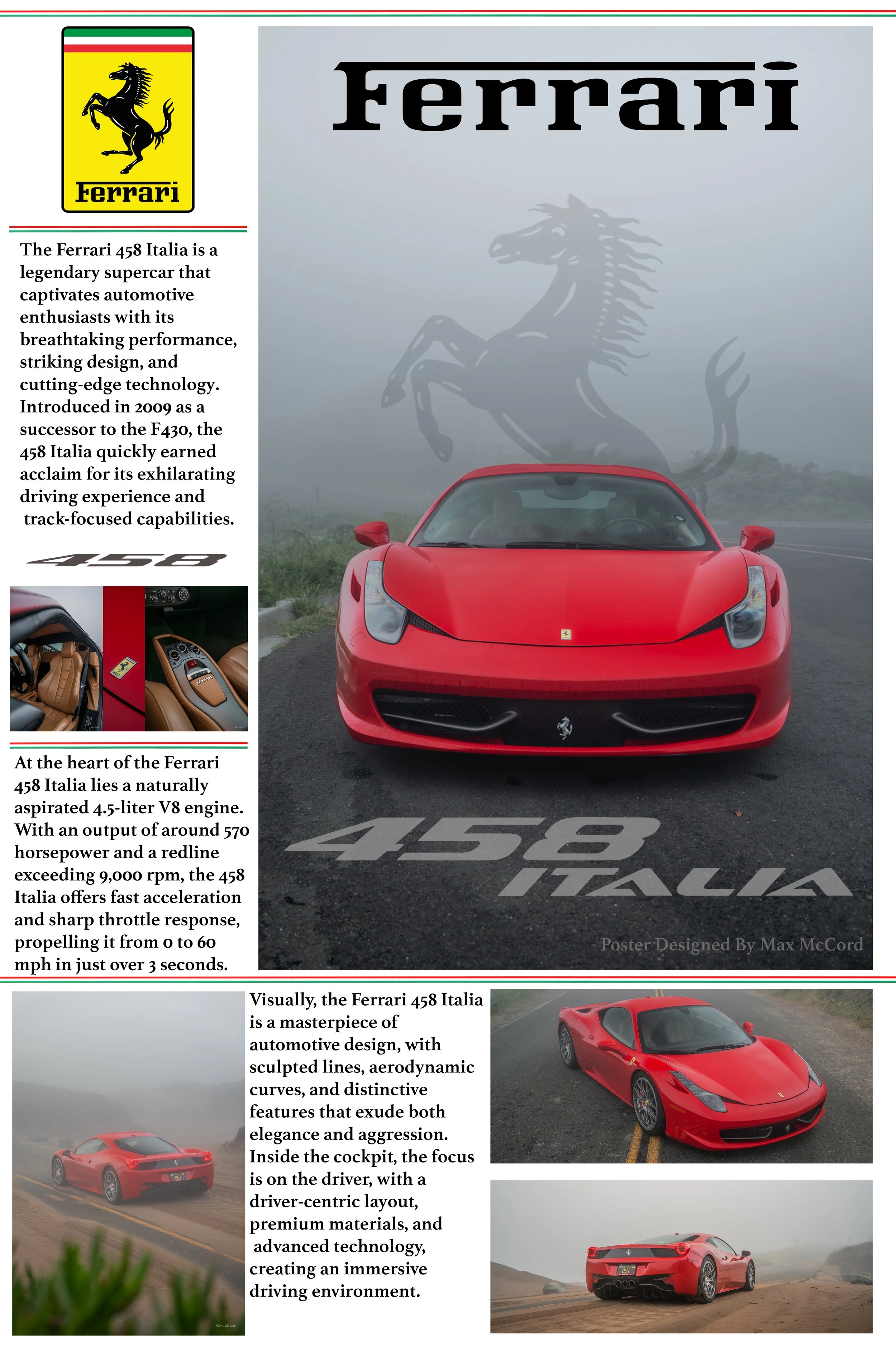 Brochure featuring a red Ferrari 458 Italia sports car with the Ferrari logo and branding. Contains images of the car's interior and exterior, along with descriptions of its performance, design, and technology.
