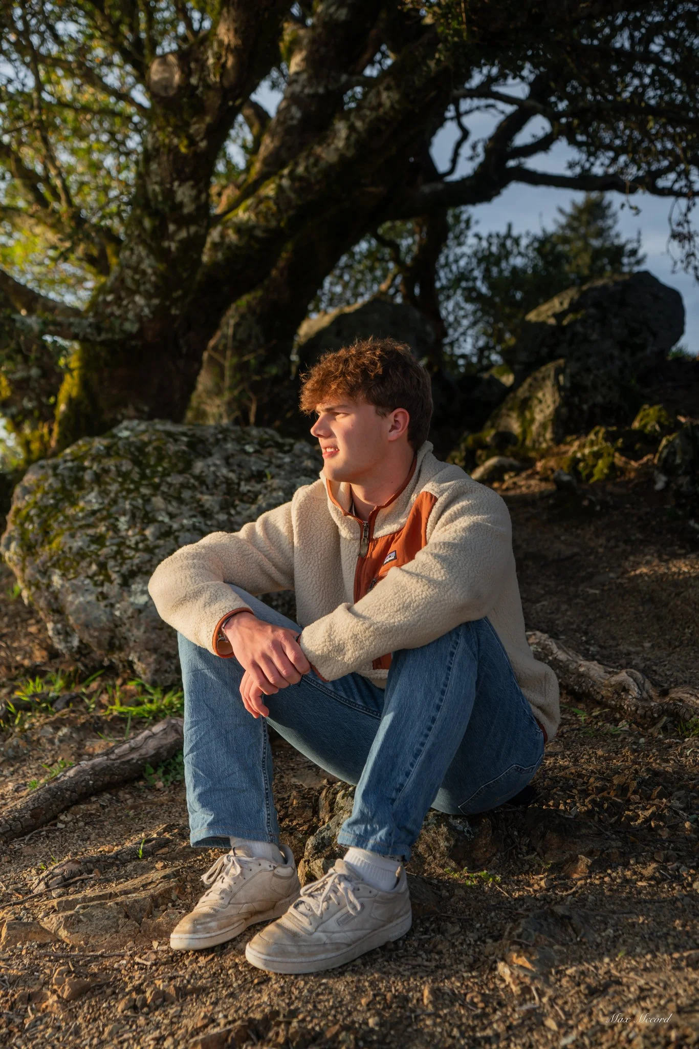 A young man sitting on the ground outdoors near a large tree, wearing a beige fleece jacket, jeans, and white sneakers, looking to the side as sunlight illuminates his face.