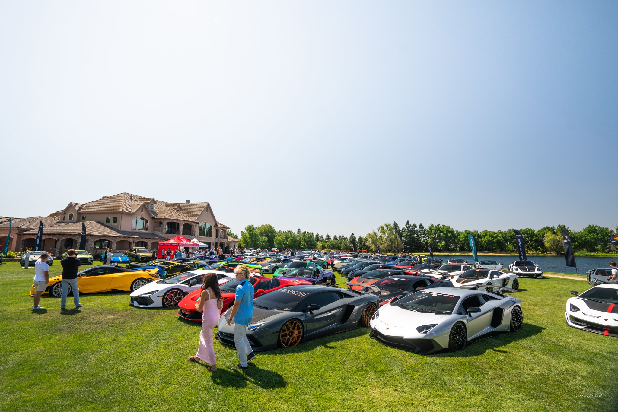 A large outdoor car show featuring numerous luxury sports cars on a green lawn with a residential house in the background, people walking and taking photos.