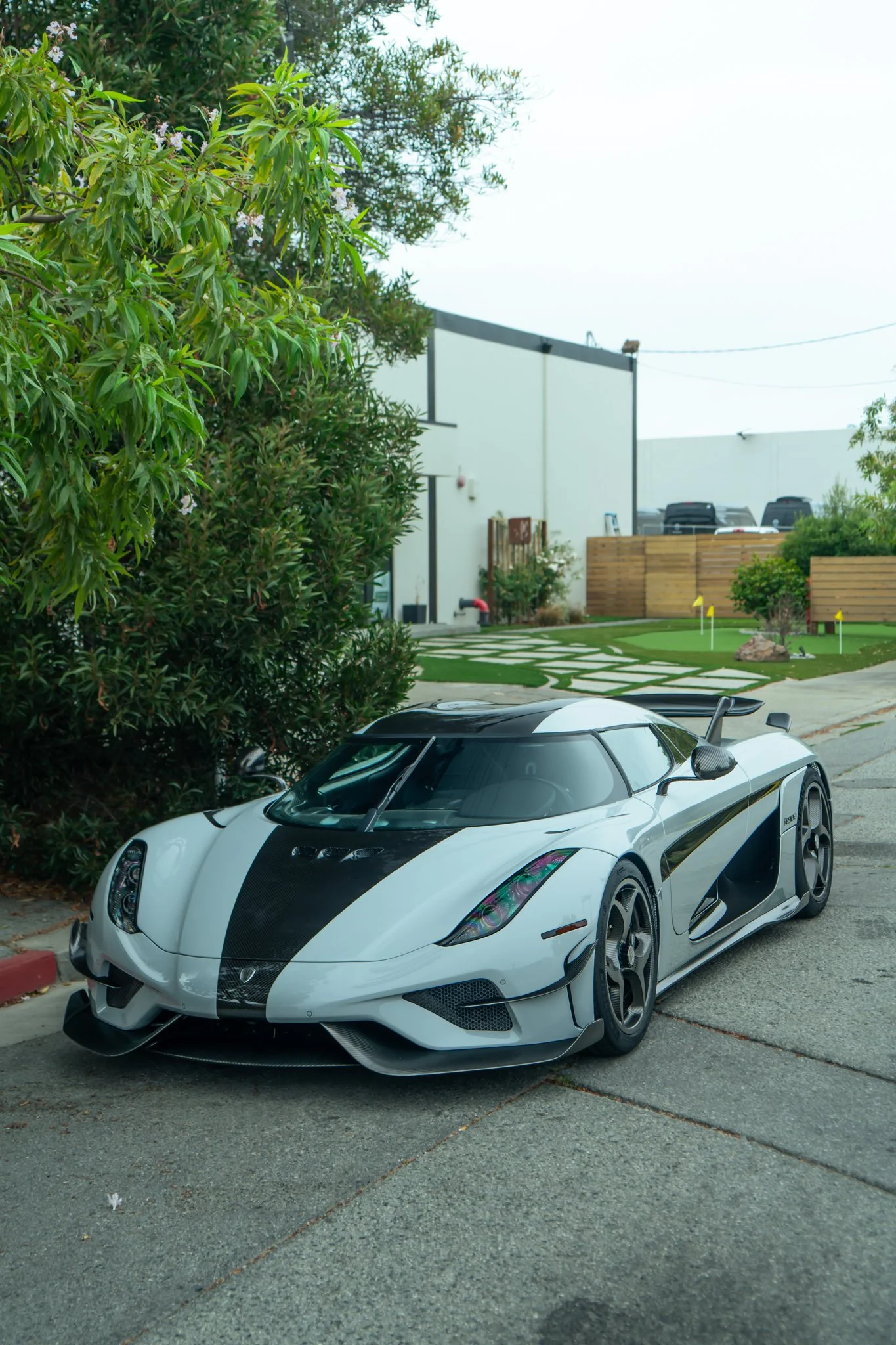 A white and black sports car parked on the side of the road near green bushes and a sidewalk, with a modern building and small yard in the background.