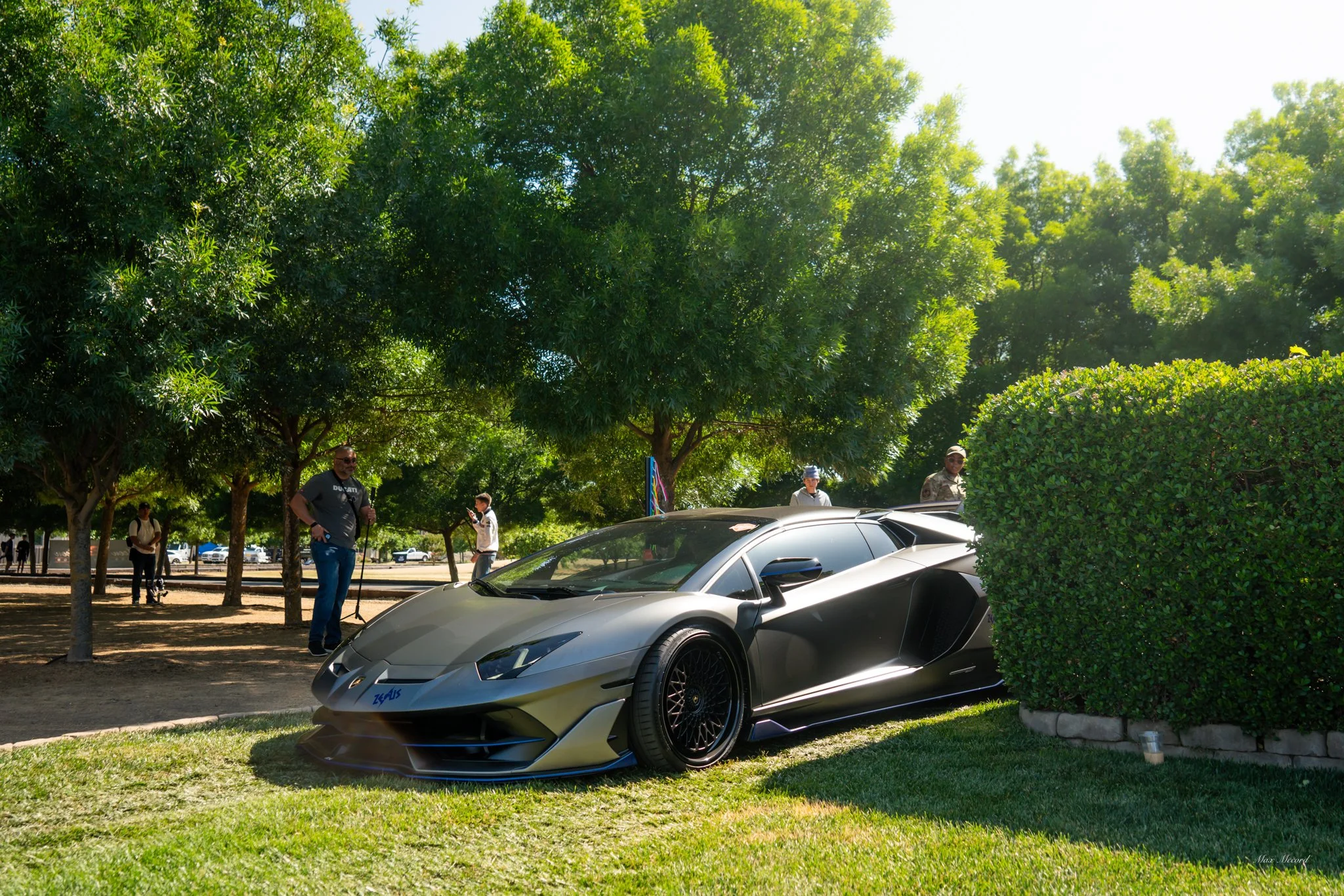A sleek silver Lamborghini sports car parked on grass next to a green hedge, with tall trees and people walking in the background.