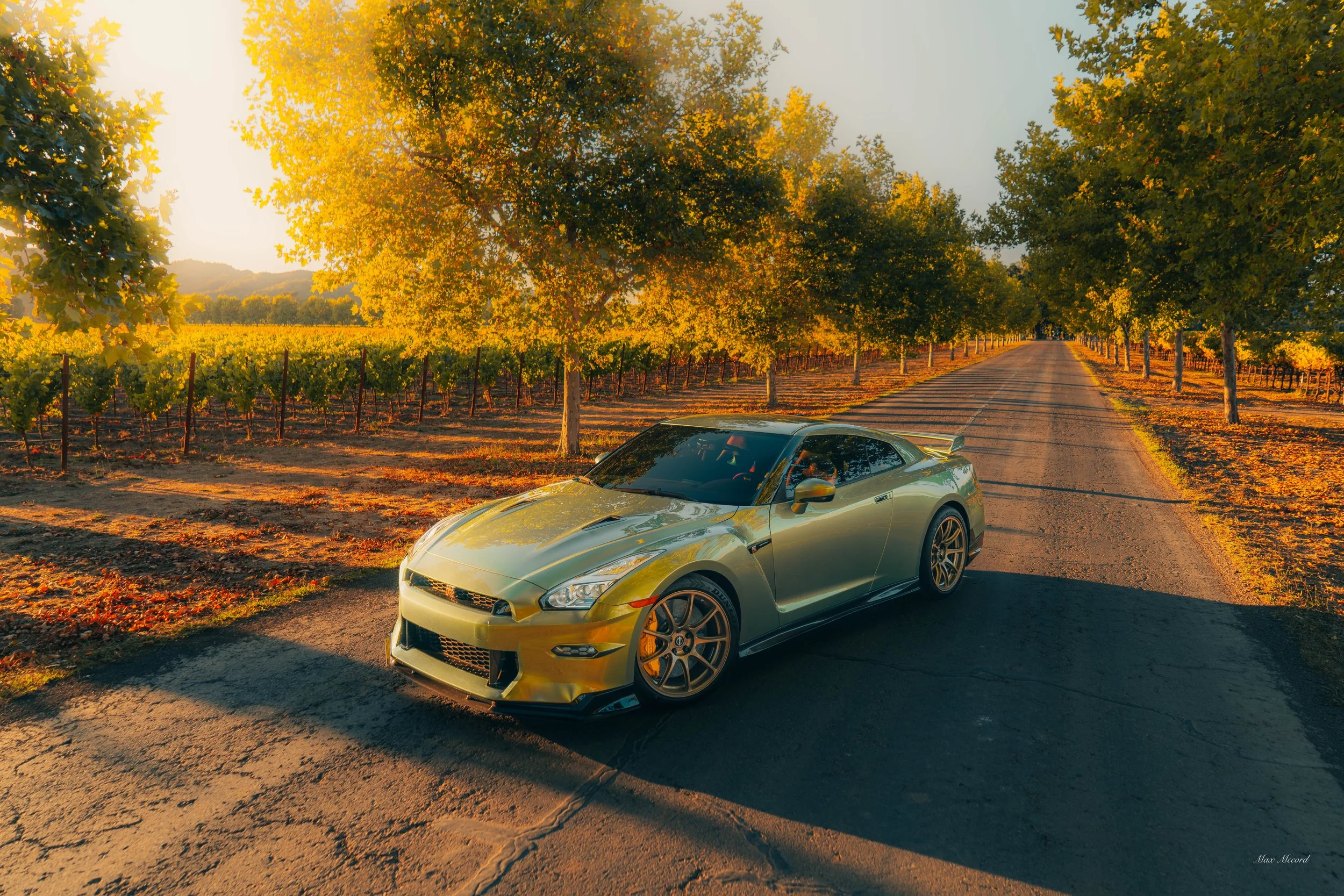 A silver sports car parked on a rural dirt road lined with trees and vineyards during sunset.