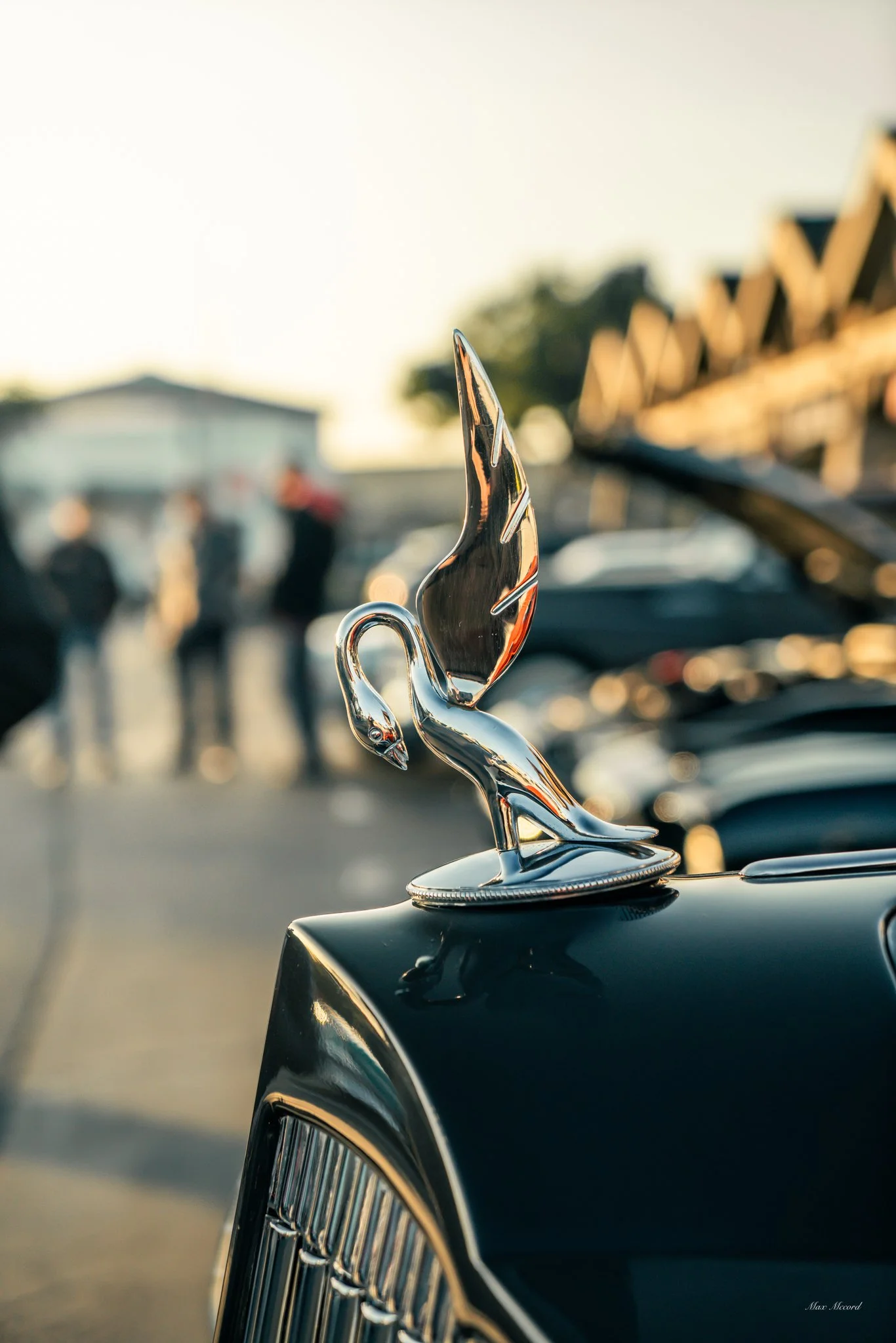 Close-up of a vintage car hood ornament shaped like a flying swan or bird, with a blurred background of people and other cars at an outdoor event.