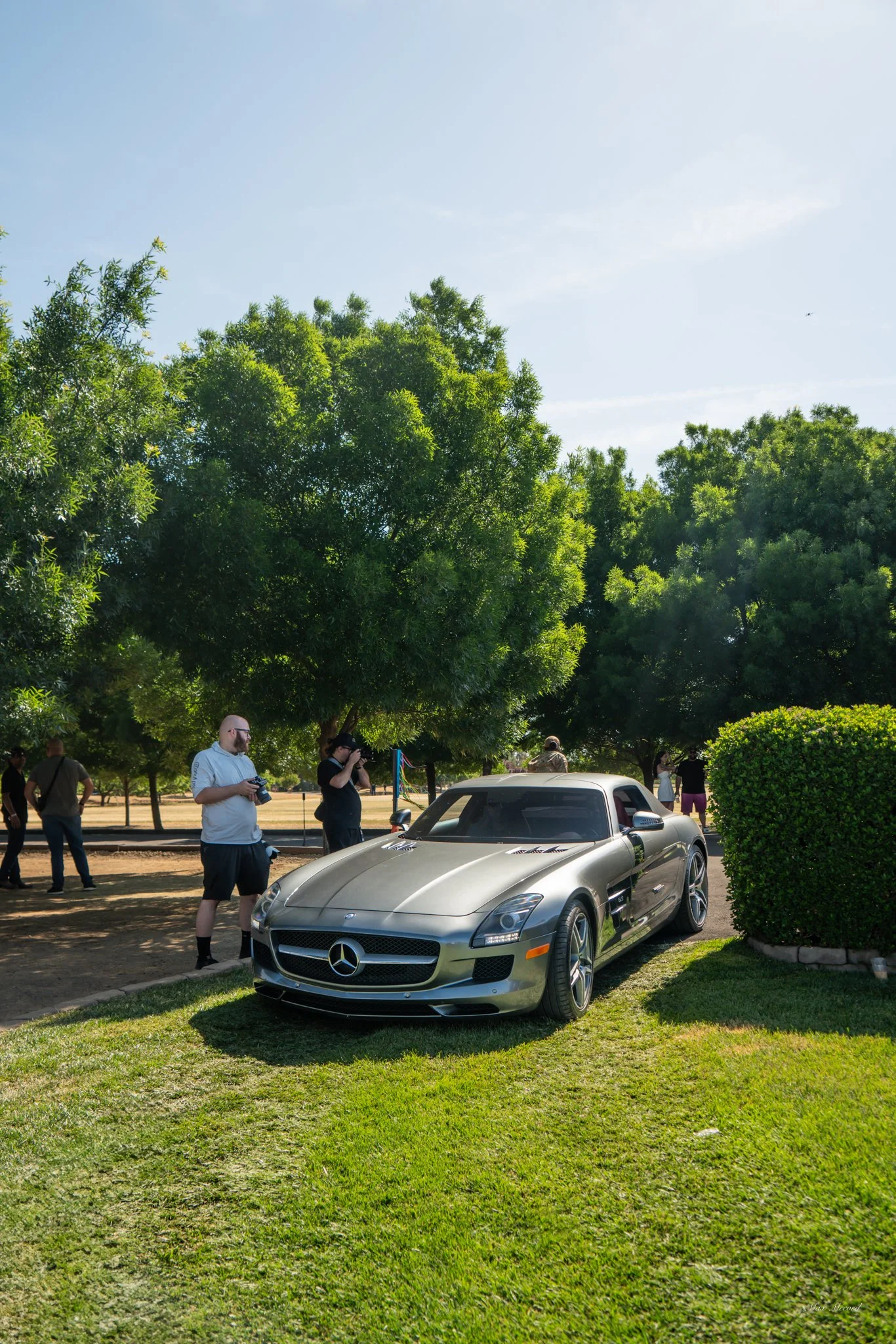 A silver Mercedes-Benz SLS AMG parked on a grassy area with a large bush and trees in the background. Several people are standing nearby, some taking photos.