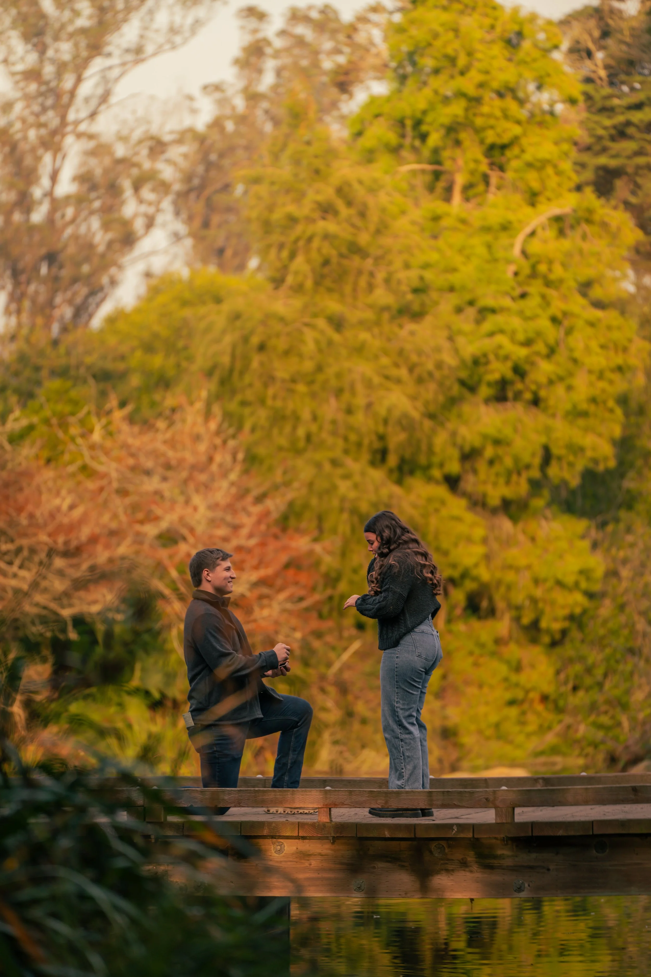 A man proposing to a woman on a wooden bridge in a park during autumn, with trees showcasing fall foliage in the background.