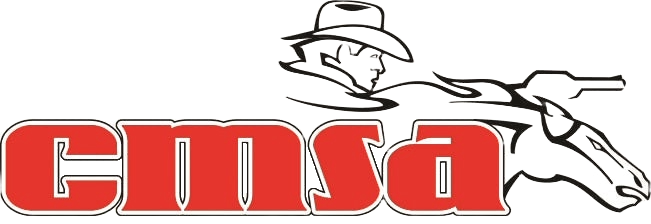 Logo of the Cowboy Mounted Shooting Association with the outline of a mounted cowboy pointing a handgun.