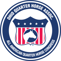 Logo of the Ohio Quarter Horse Association featuring a shield with a horse head and American flag design, surrounded by a circular border with the organization's name.