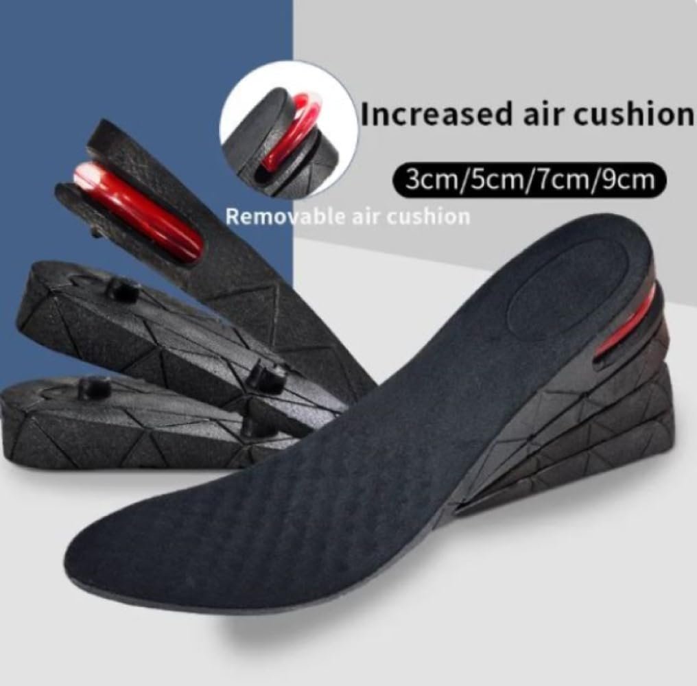 Height increase insoles with removable air cushion for customizable height.