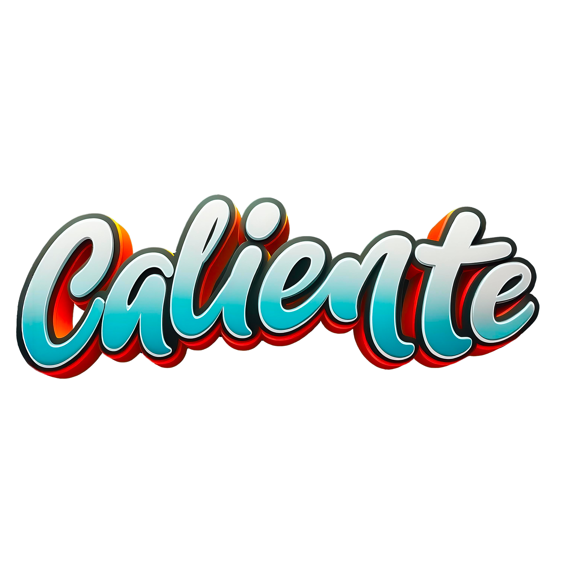 Mot en néon en cursive avec effet 3D, disant 'Caliente' en couleurs dégradées de bleu à blanc, avec un contour rouge et noir.