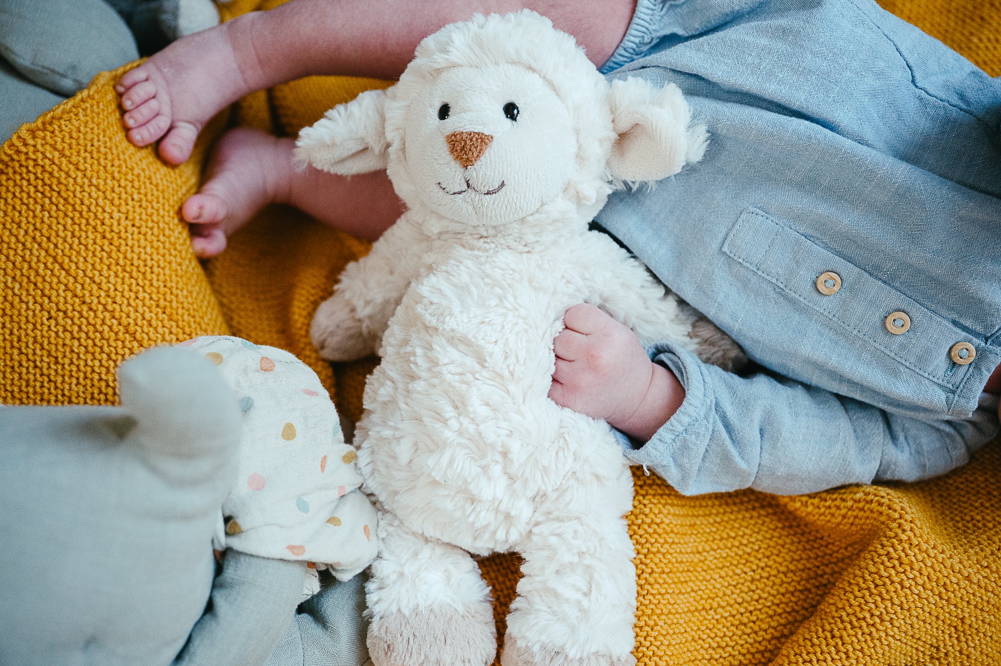 Baby in hellblauem Strampler hält ein weißes Kuschelschaf auf einer senfgelben Strickdecke.