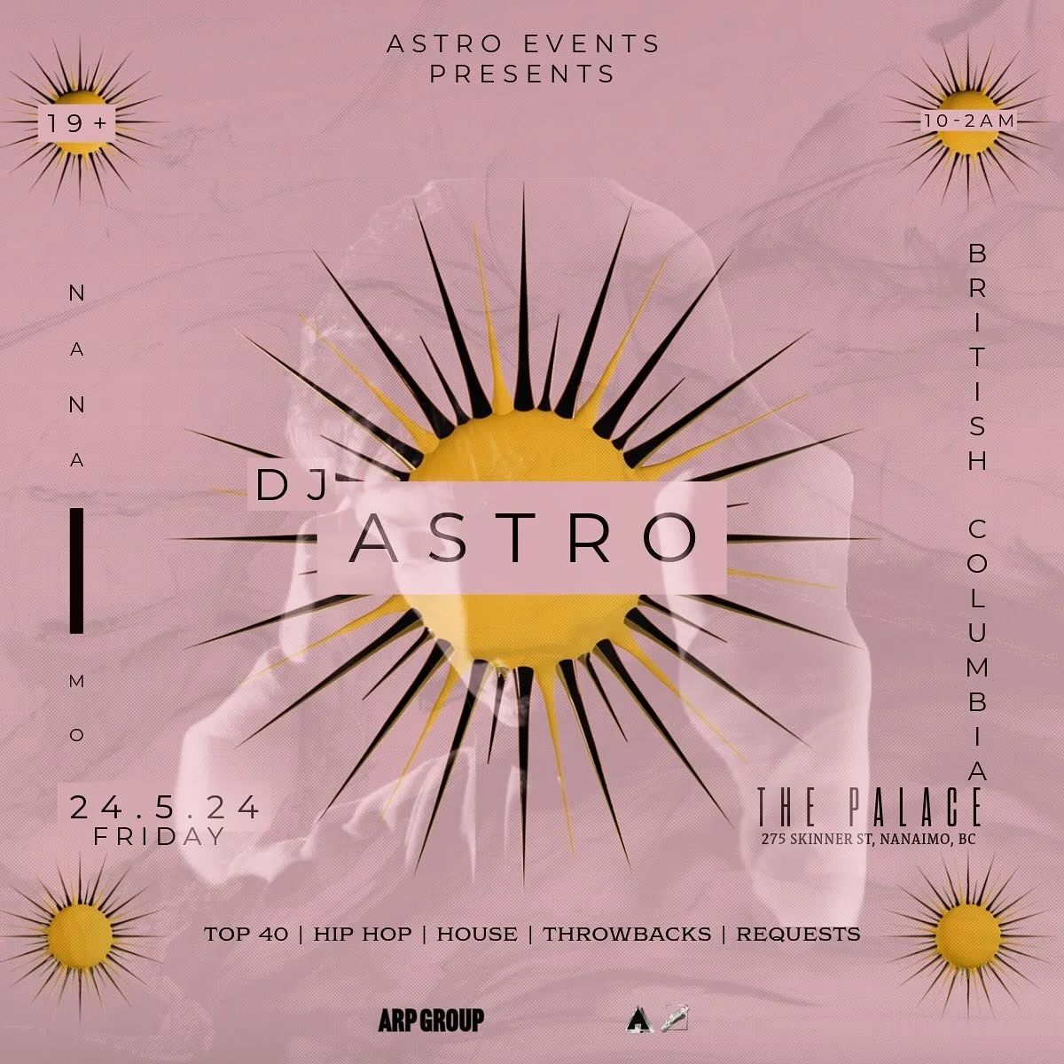 π Astro Events Presents: DJ Astro Live at The Palaceπ
Get ready for an unforgettable night in Nanaimo! Join us on May 24th, 2024, for an epic party with DJ Astro spinning the hottest tracks. π§β¨
π Location: The Palace, 275 Skinner St, Nanaimo, B