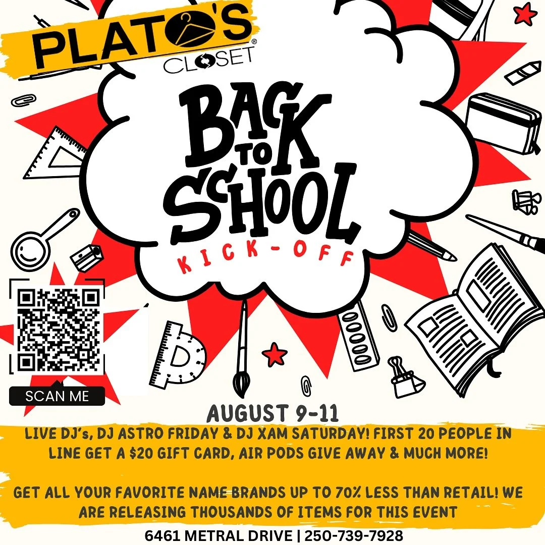 Join us @platosclosetnanaimo for their back to school sales. We will have LIVE DJ’S!
- DJ @officialastro_p on FRIDAY August 9th from 4:30-7:30 pm 
- DJ @djxamofficial on SATURDAY August 10th from 4-7 pm! 
FIRST 20 PEOPLE IN LINE GET A $20 GI