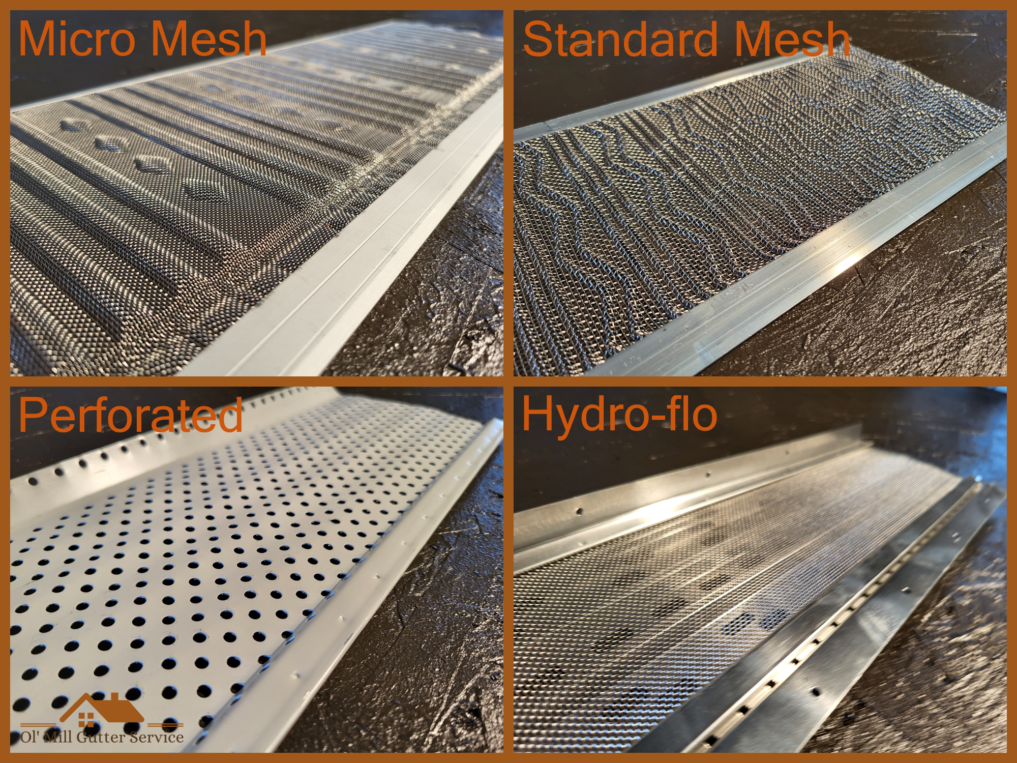 Comparison of gutter screens showing different mesh types: micro mesh, perforated mesh, standard mesh, and hydro-flo, for gutter protection.