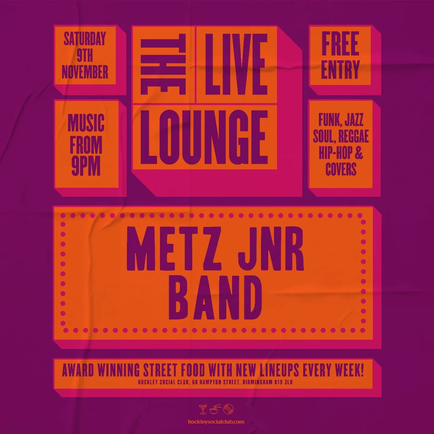 This Saturday residents @metzjnr band take their big sound to the hottest spot in the city @hockleysocialclub 🔥 Hitting the stage running at 9pm to deliver an unforgettable performance of groove and vibes.

Entrance is FREE, although you can book a 