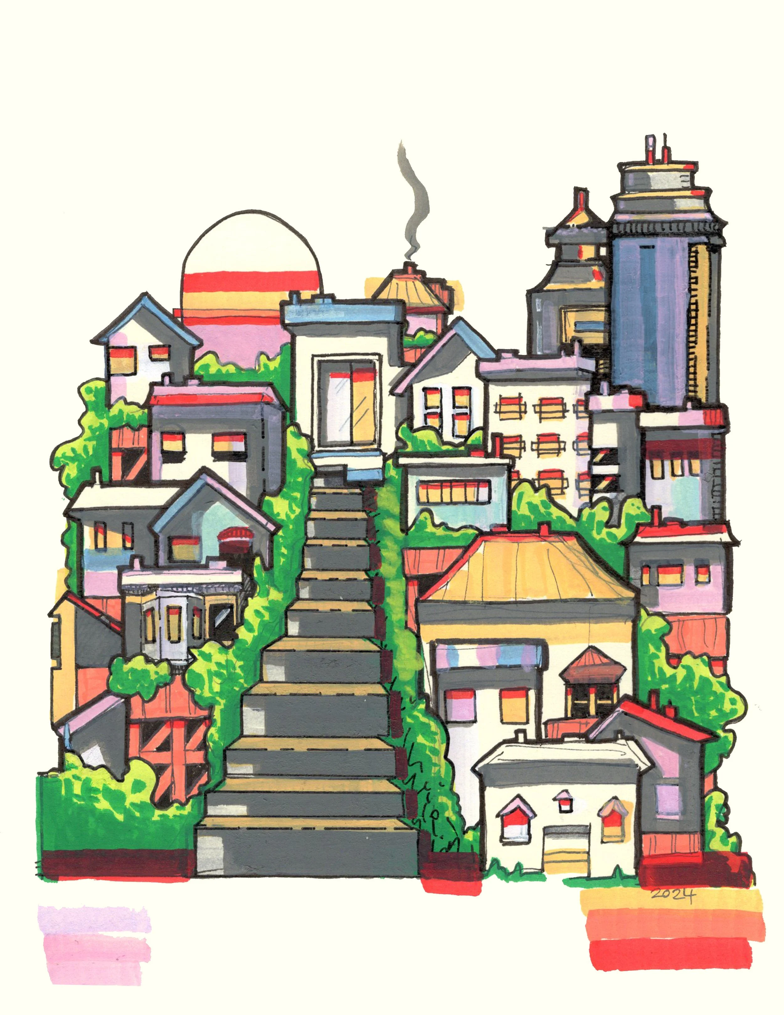 Sunset Stacks, 2024, ink and acrylic on acid free paper.