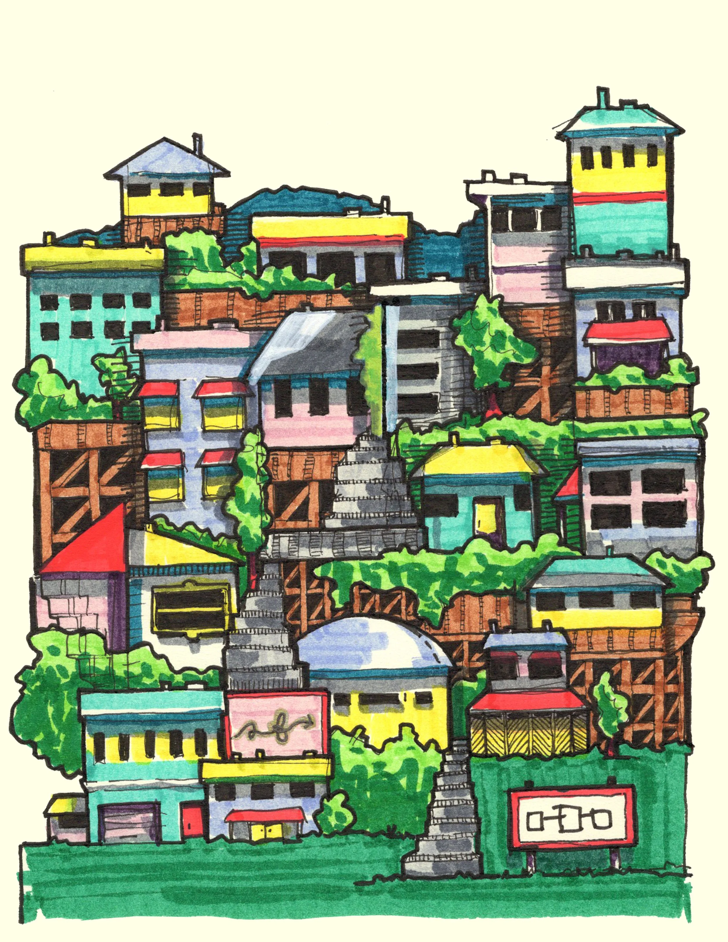 Yellow Stacks, 2024, ink and acrylic on acid free paper.