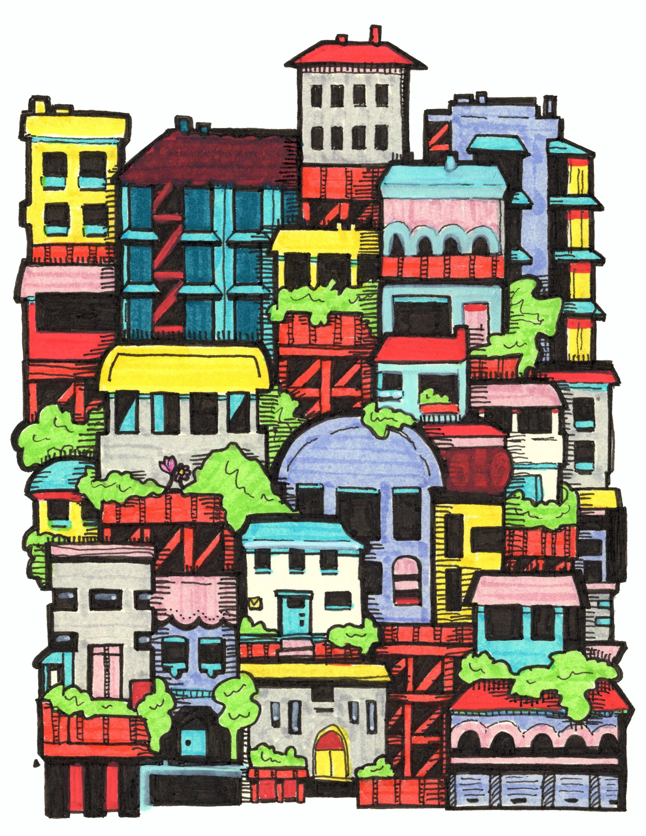 Yellow and Purple Stacks, 2024, ink and acrylic on acid free paper.