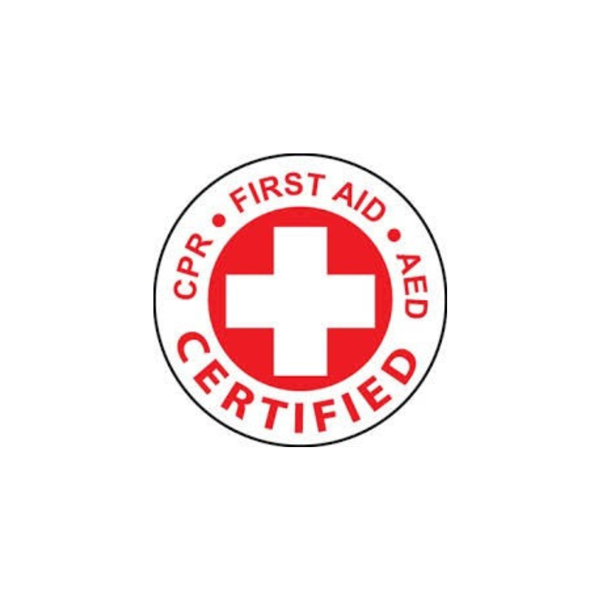 First Aid Certified CPR badge with a red cross in the center and red text around it.