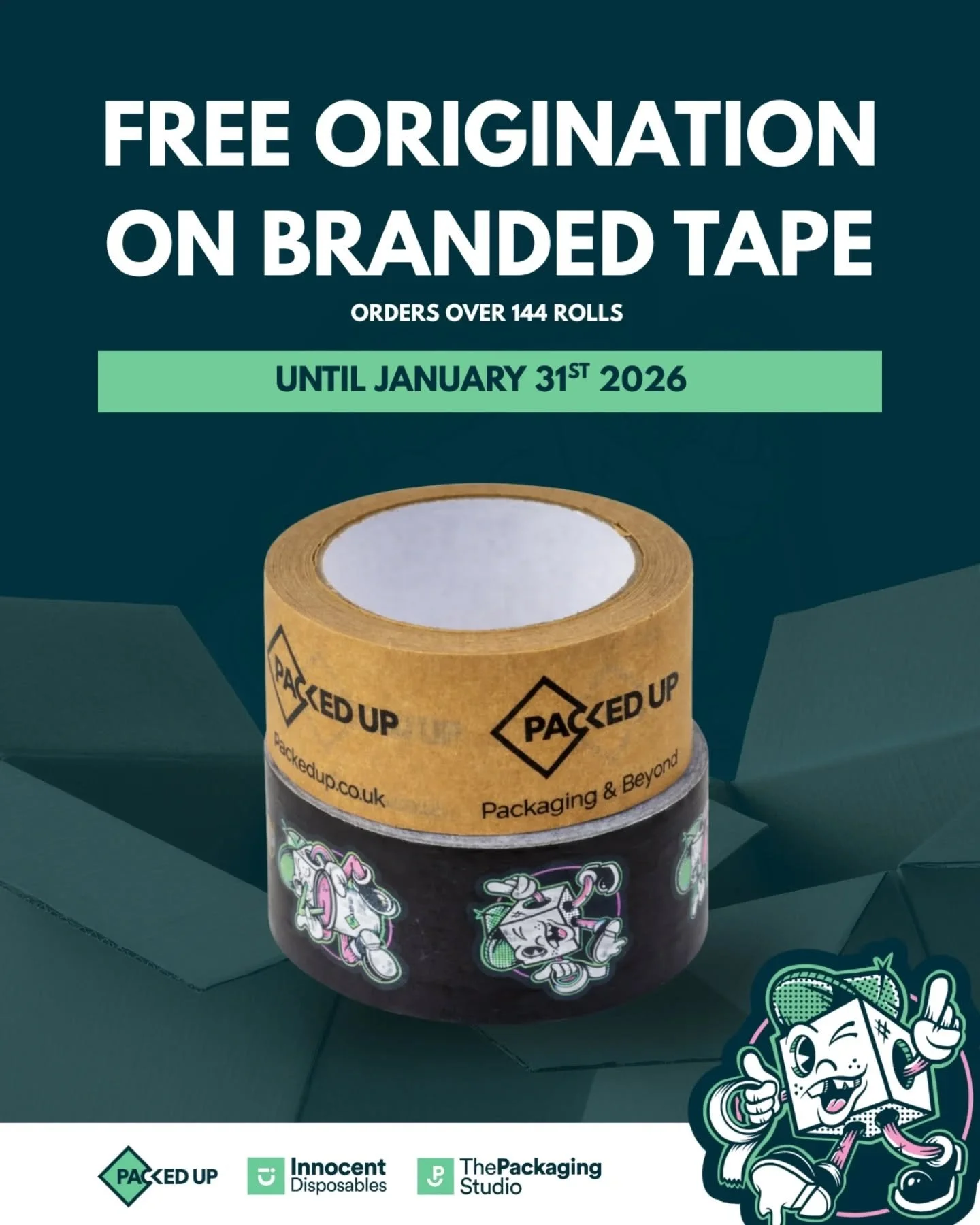 Did you know that customers are 50% more likely to buy from a company they recognise? 👀

Branded tape is a simple and cost-effective way to make your packaging instantly recognisable. That's why we are offering free origination on all branded tape o