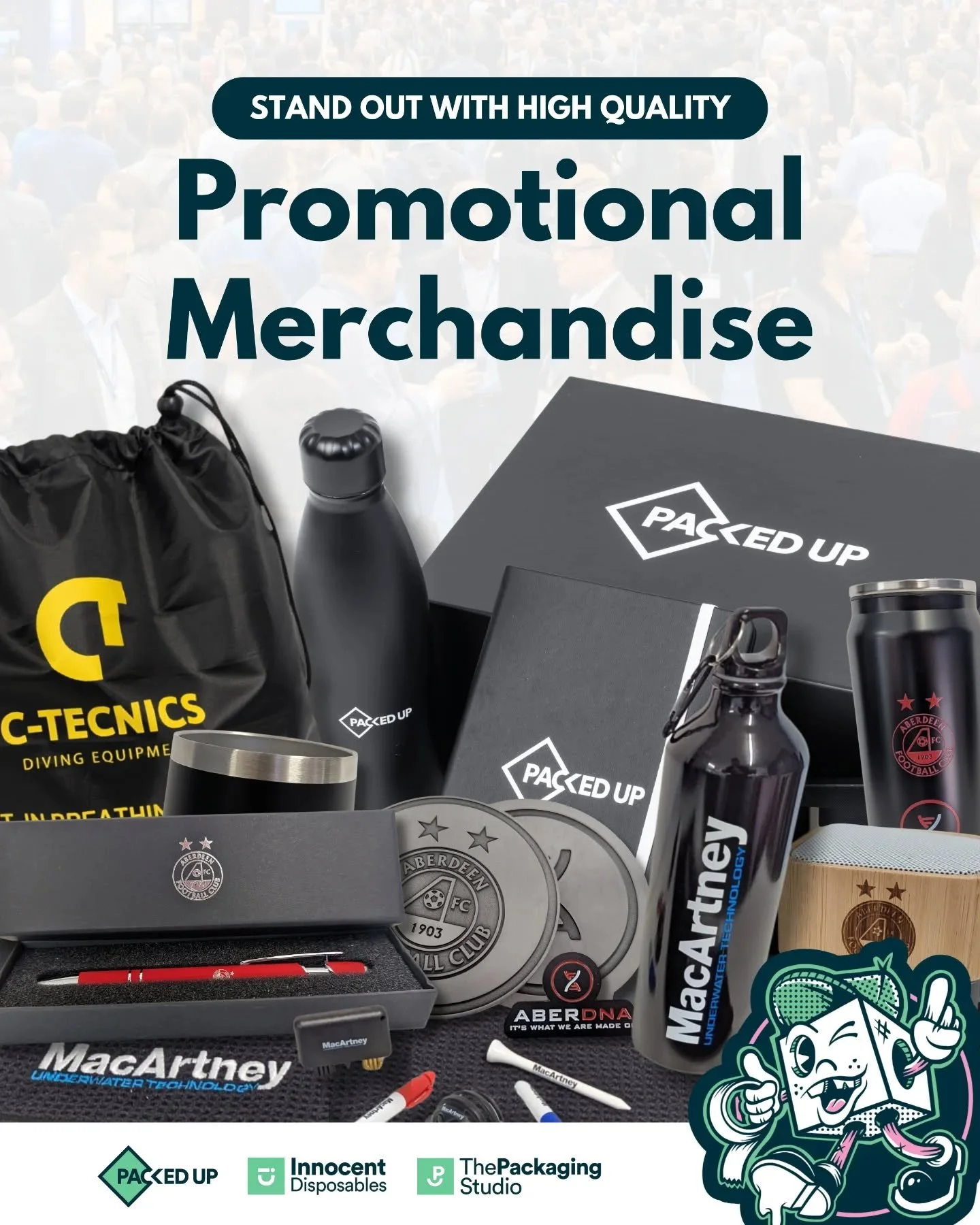 You focus on showing up, we&rsquo;ll take care of everything else. 😎

We handle the full range of branded event supplies!

✅ High quality branded clothing

✅ Unmissable branded giveaways

✅ Bespoke branded packaging

Why spend your time juggling num