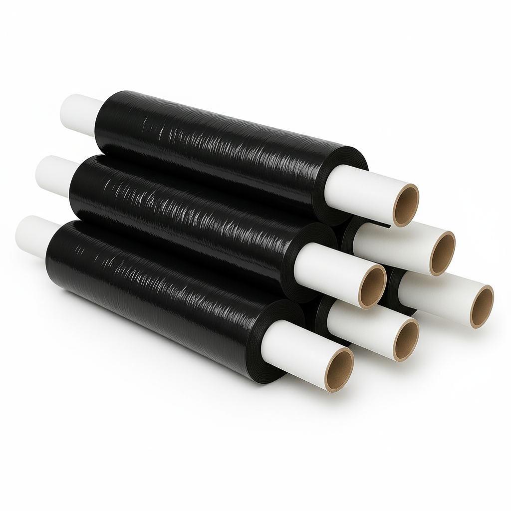 Box Of 6 Black Pallet Wrap Rolls (400mm x 15mu Extended Cores)