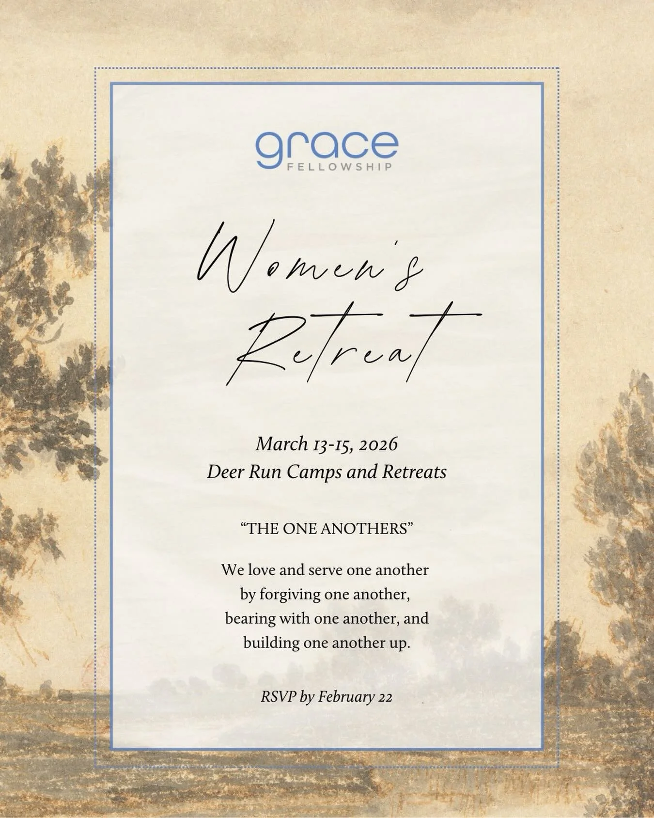 This year, the ladies of Grace will retreat to Deer Run to study the One Anothers in Scripture and fellowship together. For details, scholarships, and registration, message info@gracefellowshiptn.com.