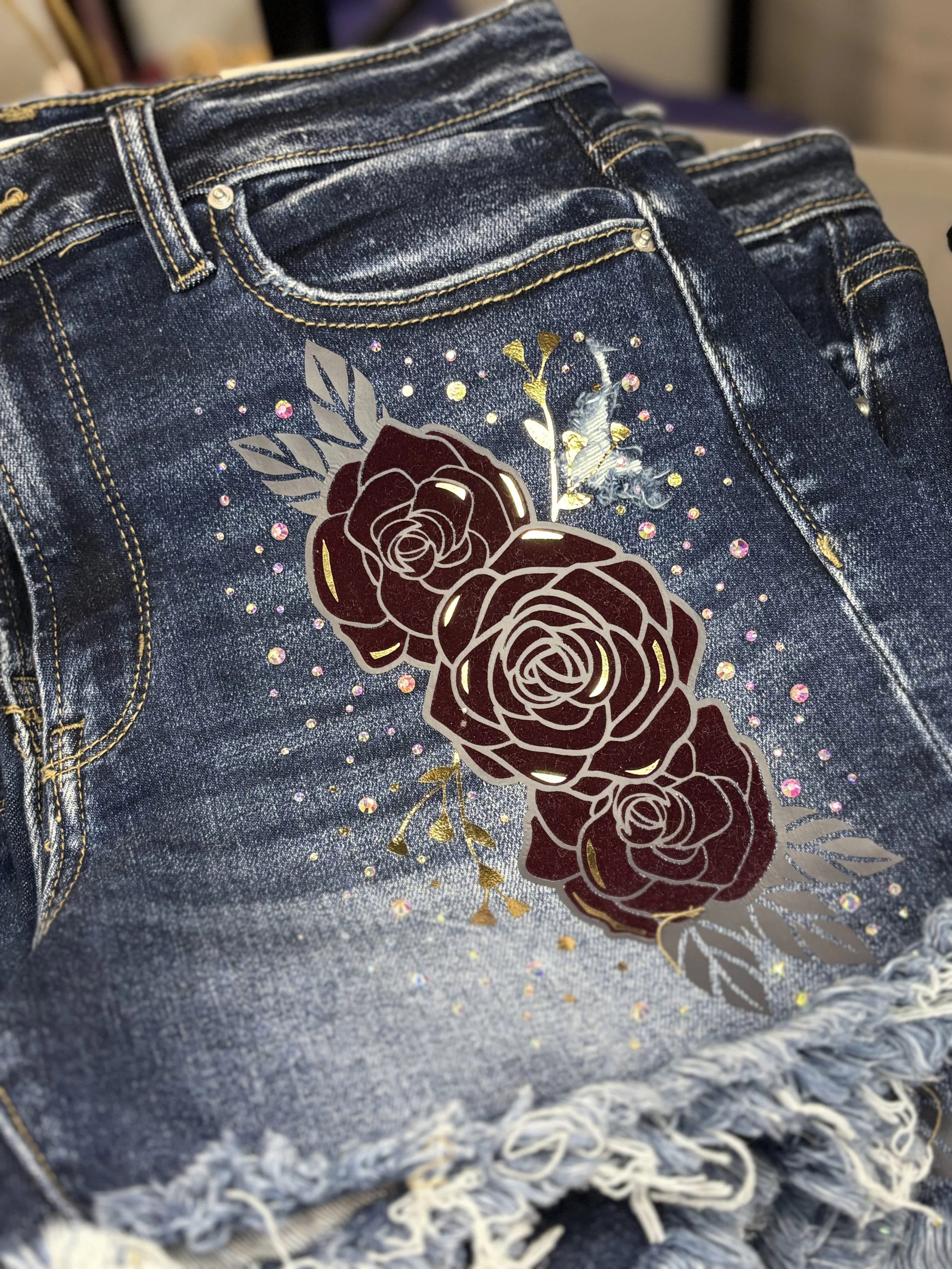 Midnight Bloom Embellished Denim Shorts