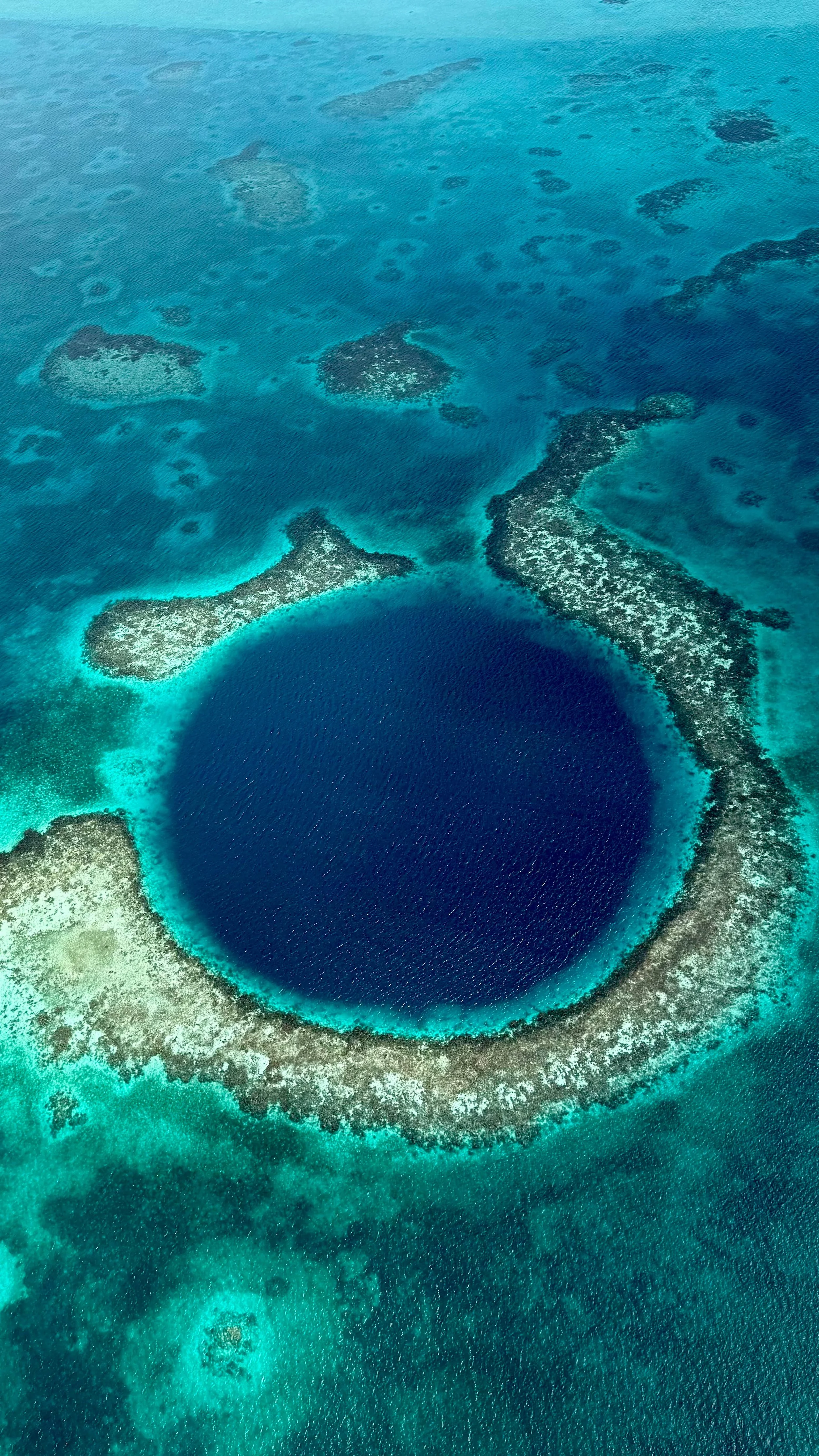 Aerial view of the Great Blue Hole in Belize.